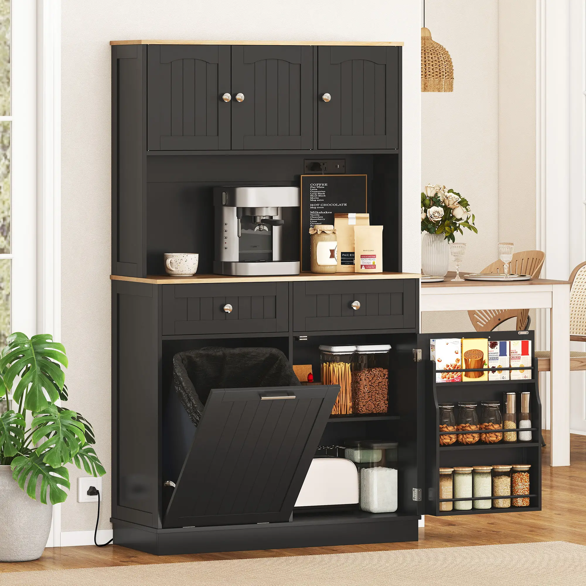 68 Inch Pantry Cabinet with Charging Station, Microwave Stand, Trash Can, Black - Image 2