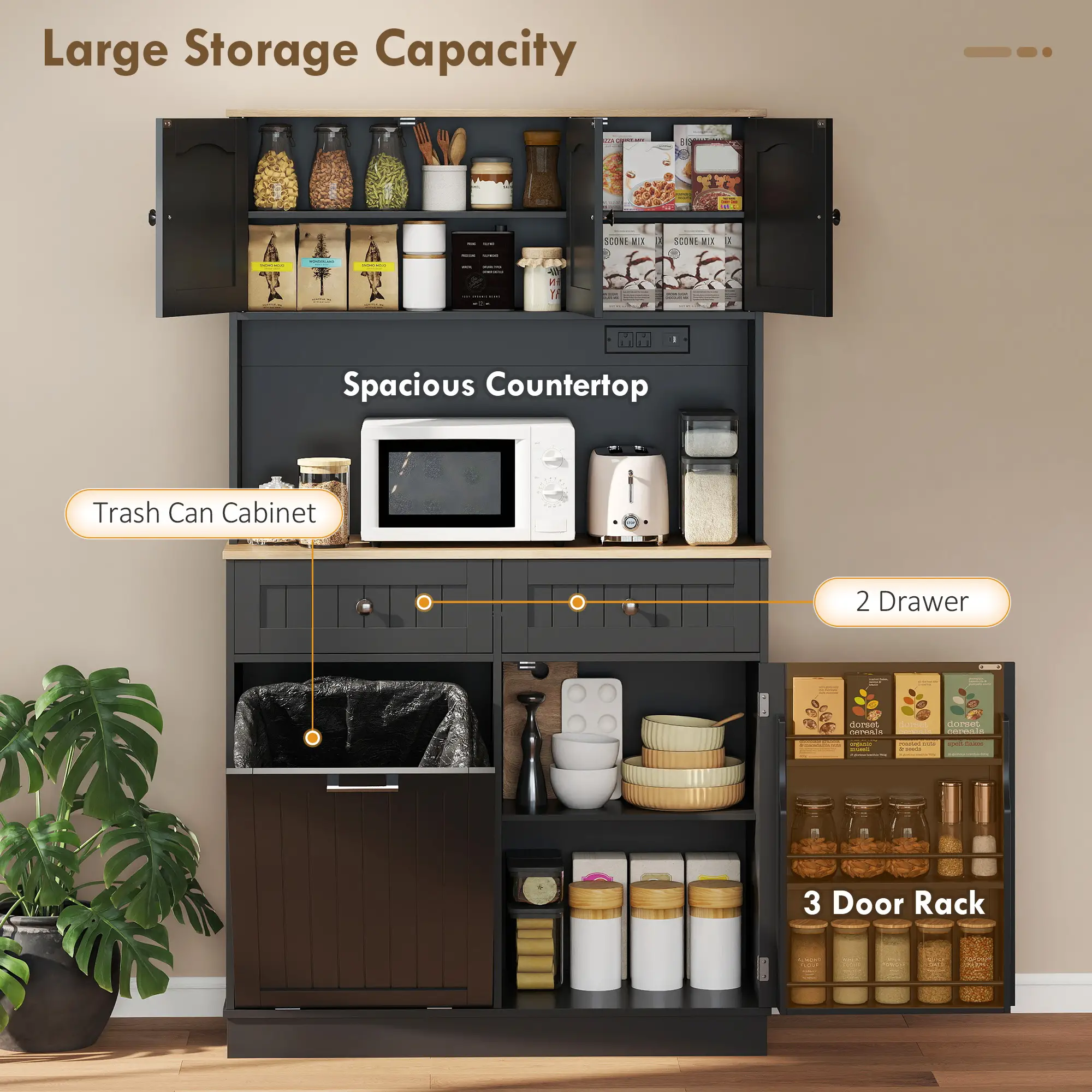 68 Inch Pantry Cabinet with Charging Station, Microwave Stand, Trash Can, Black - Image 4