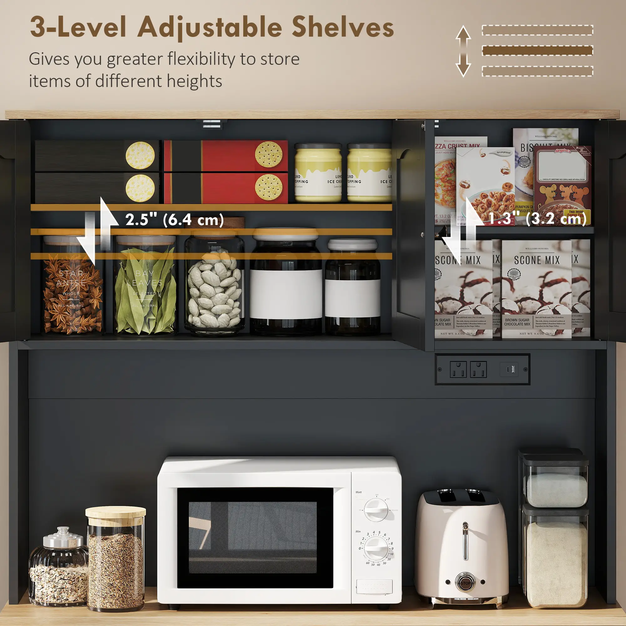 68 Inch Pantry Cabinet with Charging Station, Microwave Stand, Trash Can, Black - Image 5