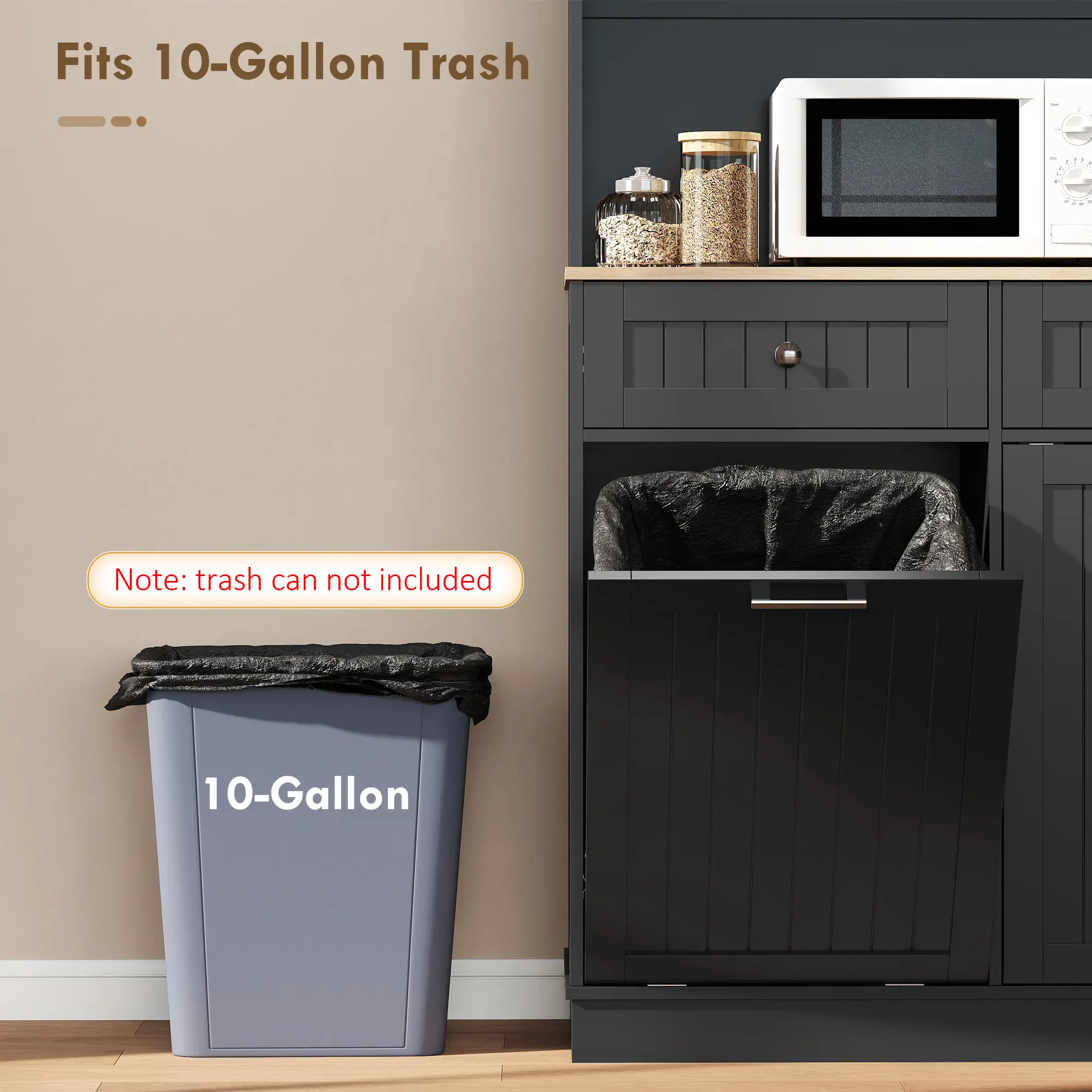 68 Inch Pantry Cabinet with Charging Station, Microwave Stand, Trash Can, Black - Image 7