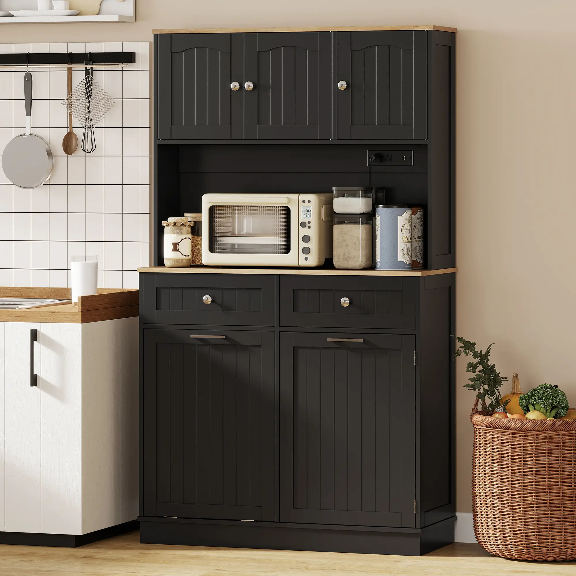 68 Inch Pantry Cabinet with Charging Station, Microwave Stand, Trash Can, Black - Image 8