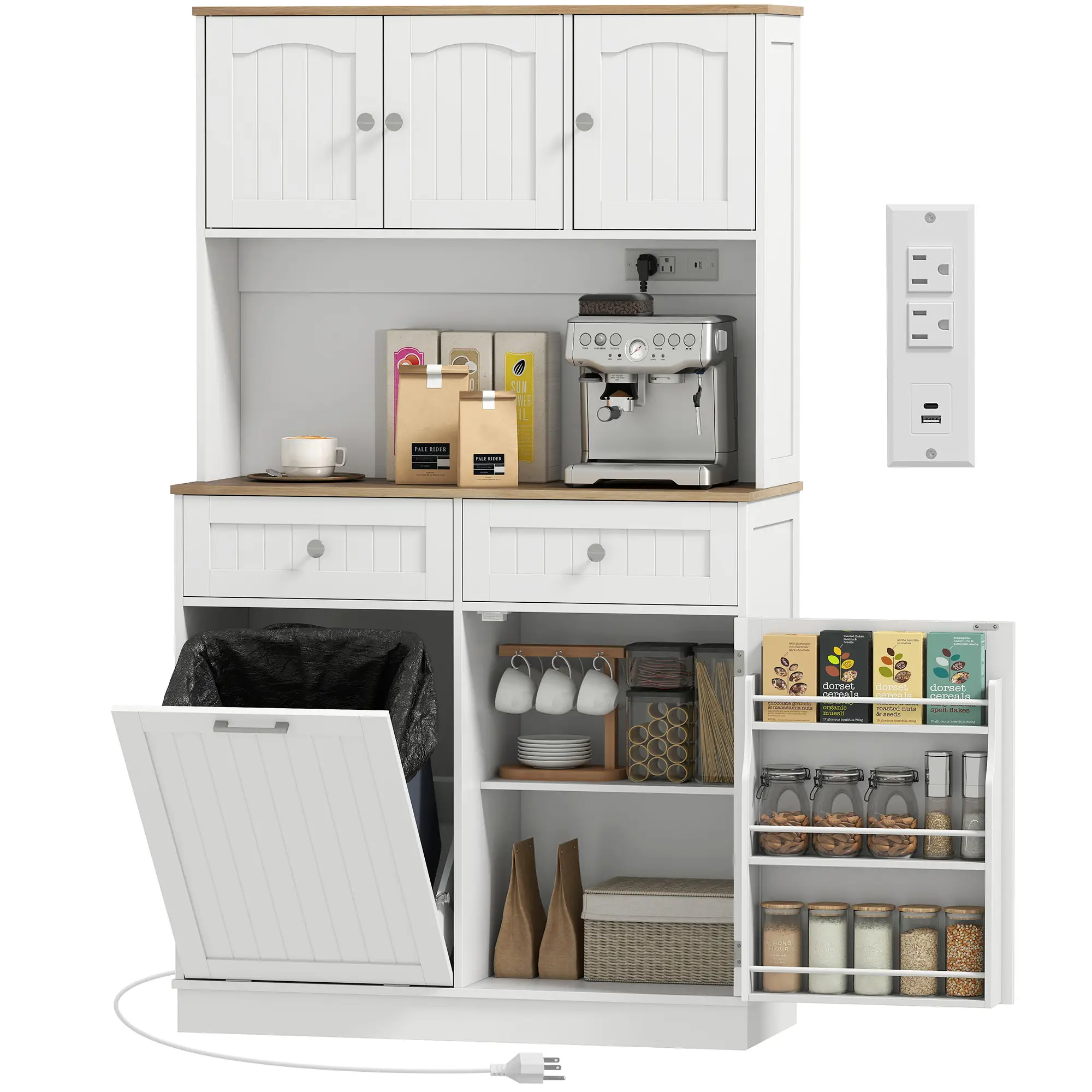 68 Inch Pantry Cabinet with Charging Station, Microwave Stand, Trash Can, White