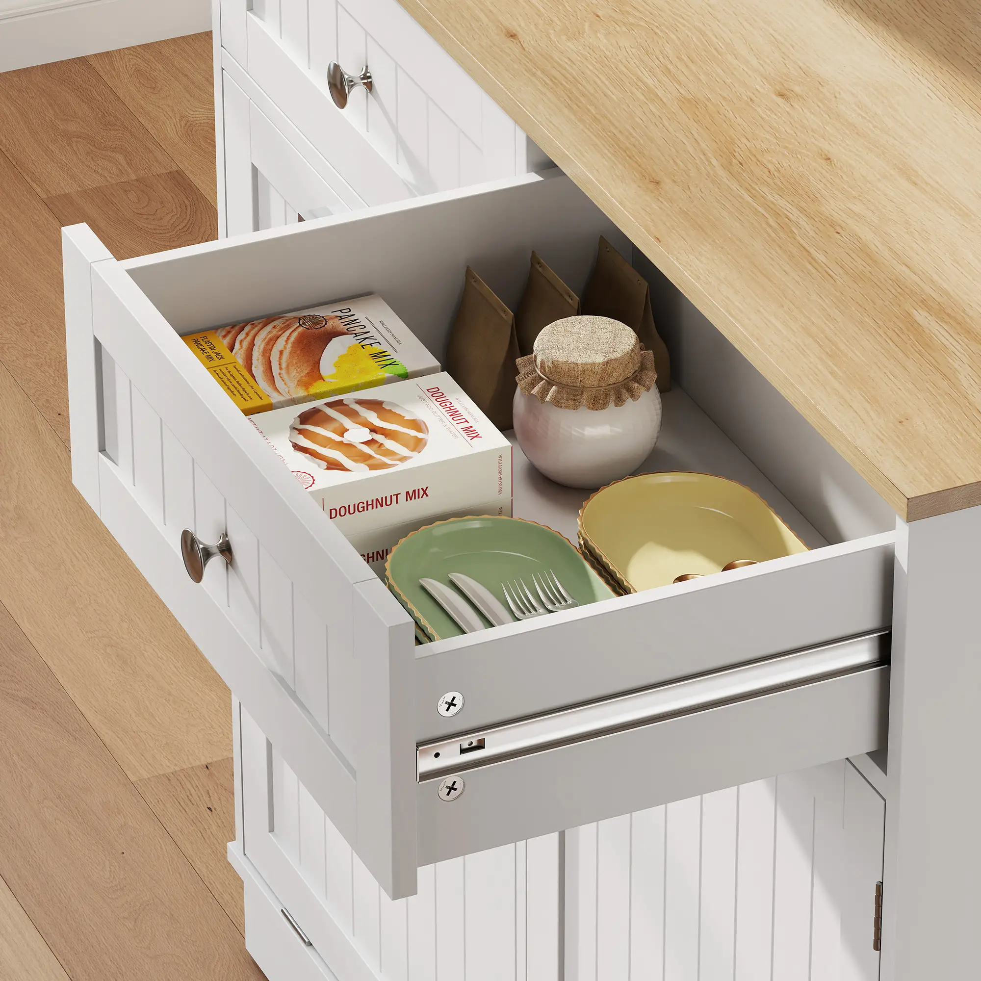 68 Inch Pantry Cabinet with Charging Station, Microwave Stand, Trash Can, White - Image 10