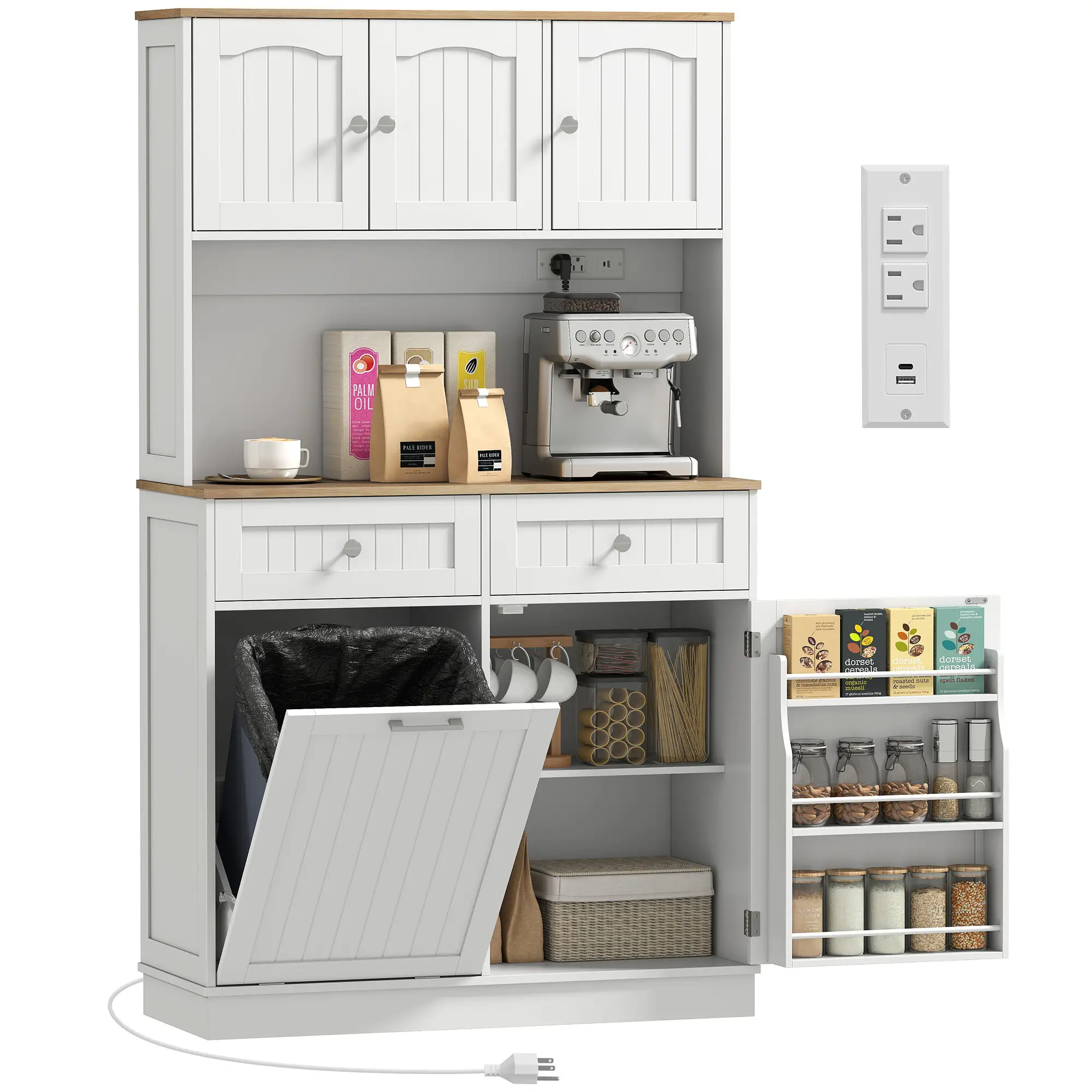 68 Inch Pantry Cabinet with Charging Station, Microwave Stand, Trash Can, White - Image 11