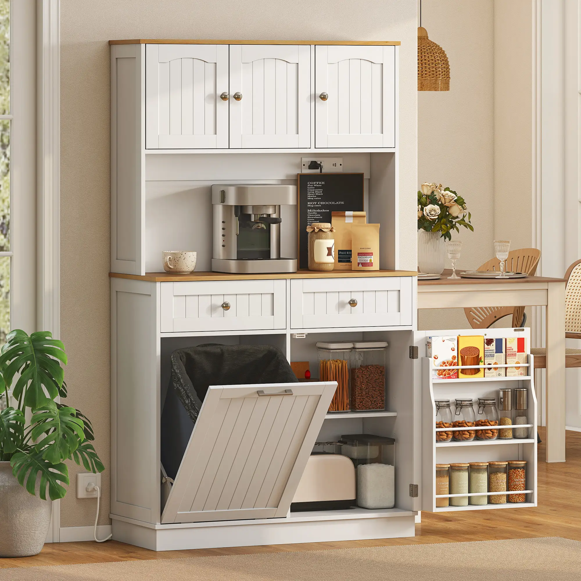 68 Inch Pantry Cabinet with Charging Station, Microwave Stand, Trash Can, White - Image 2