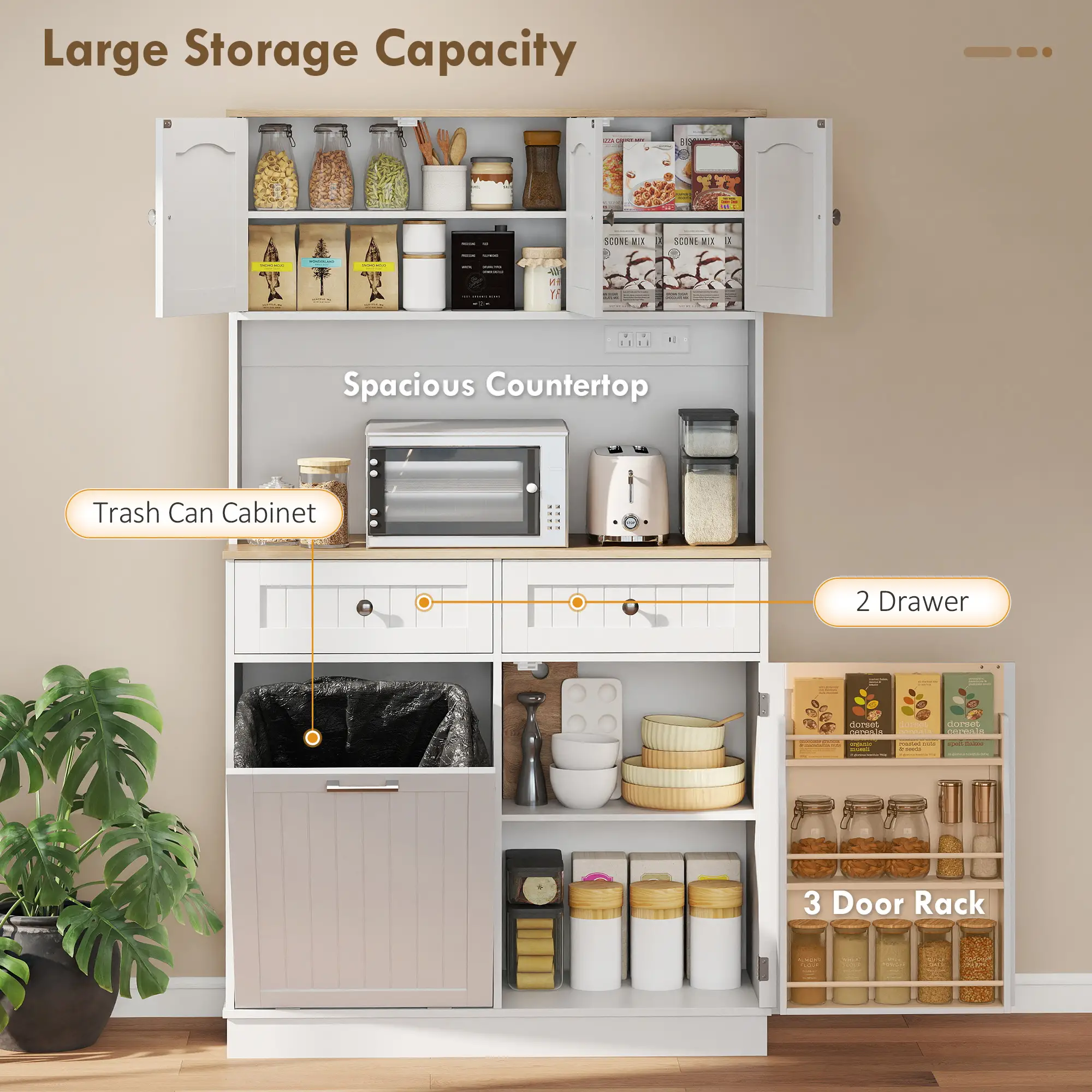 68 Inch Pantry Cabinet with Charging Station, Microwave Stand, Trash Can, White - Image 4