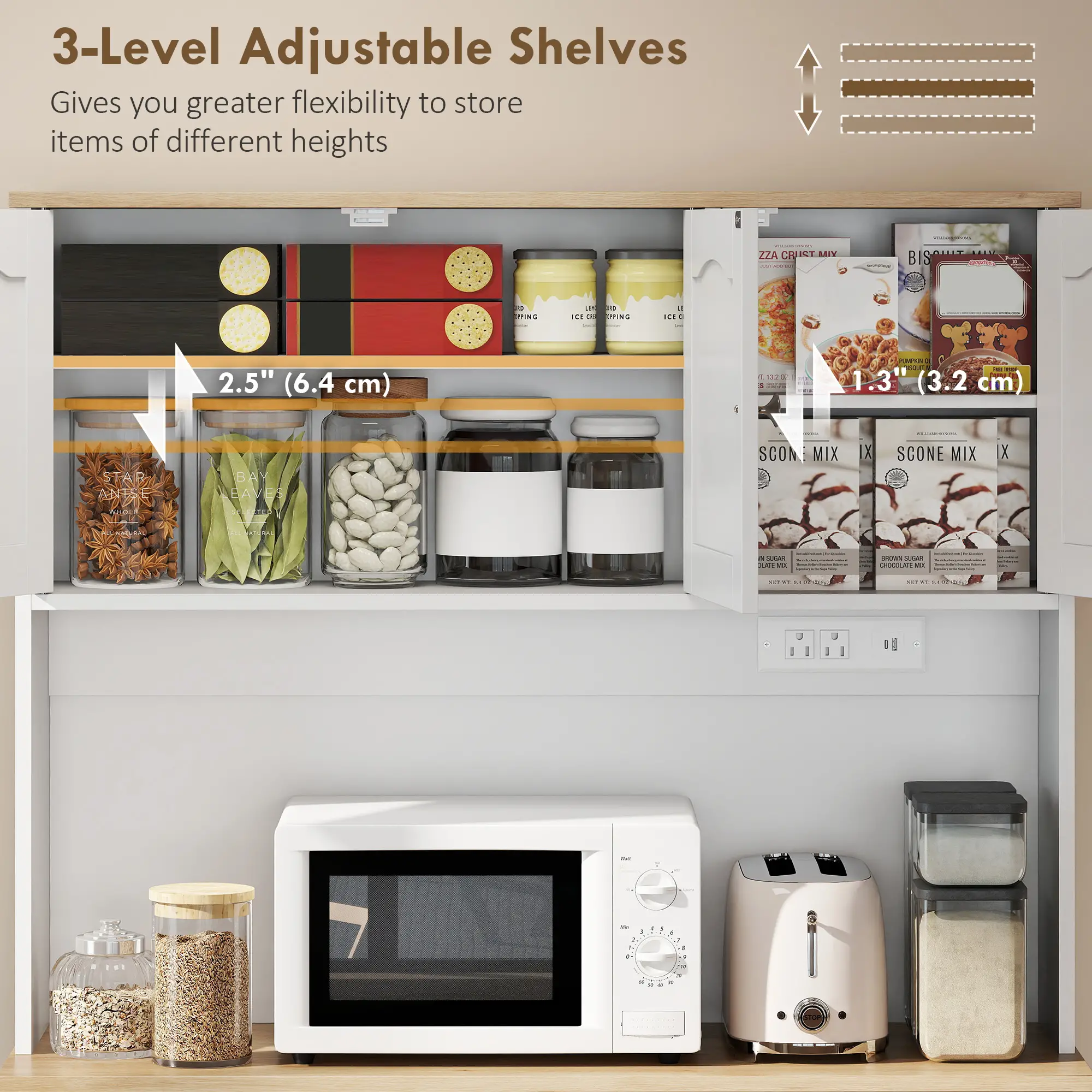 68 Inch Pantry Cabinet with Charging Station, Microwave Stand, Trash Can, White - Image 5