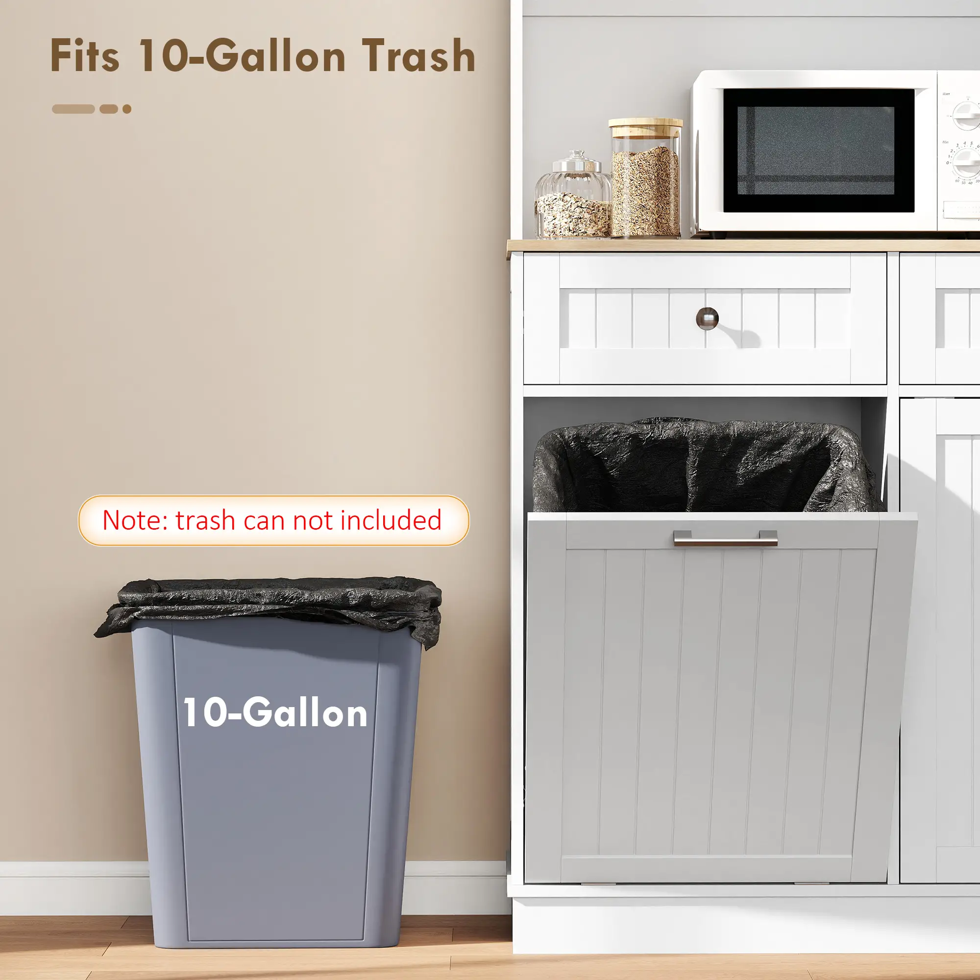 68 Inch Pantry Cabinet with Charging Station, Microwave Stand, Trash Can, White - Image 7