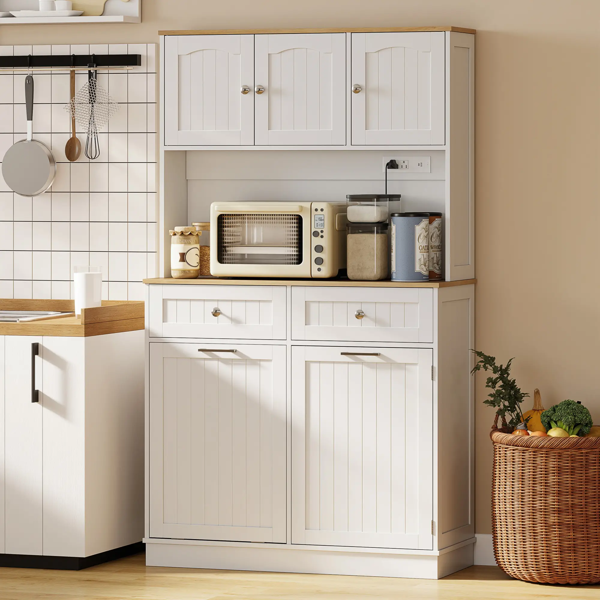 68 Inch Pantry Cabinet with Charging Station, Microwave Stand, Trash Can, White - Image 8
