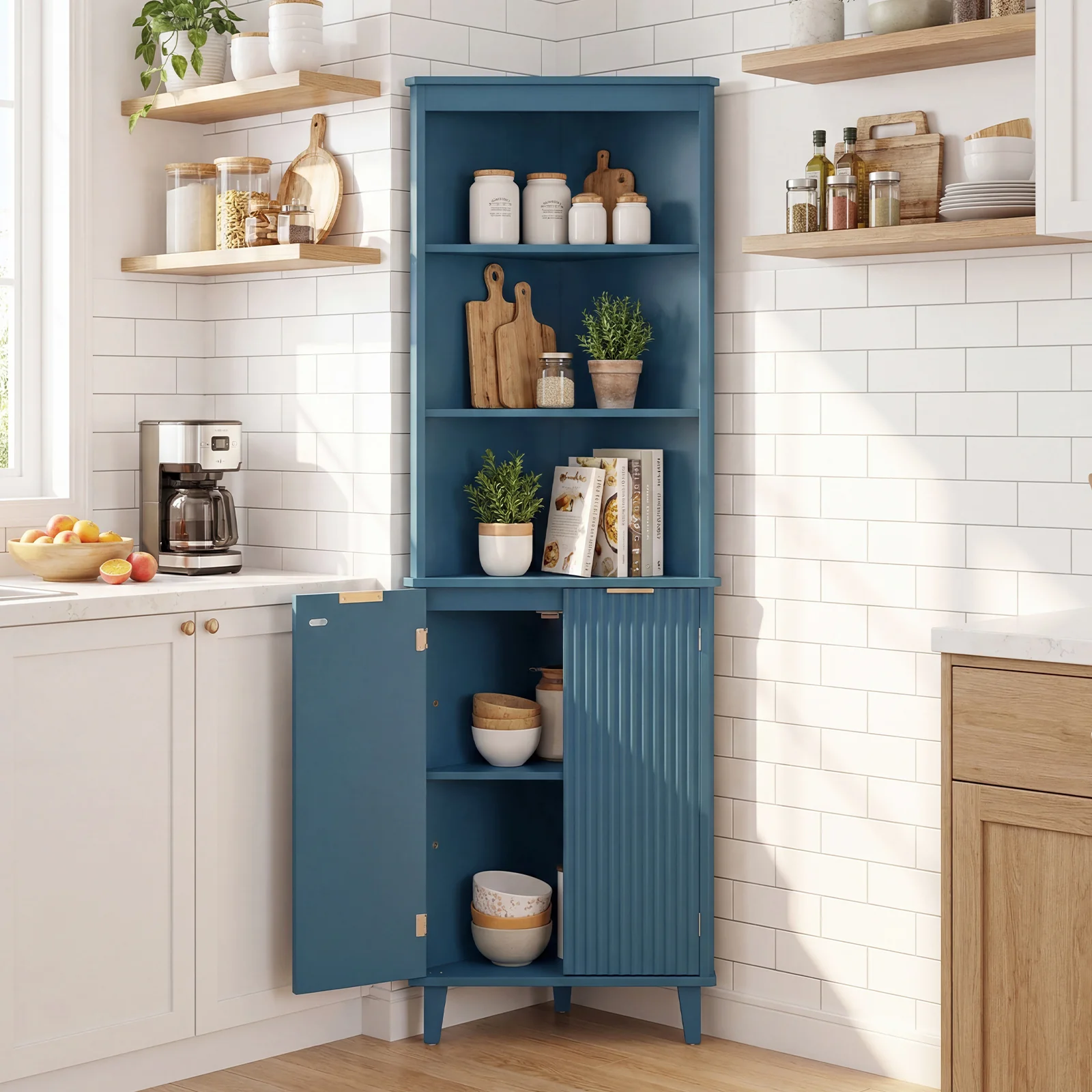 68 Inch Tall Bathroom Floor Storage Cabinet, Fluted Doors, Blue - Image 6