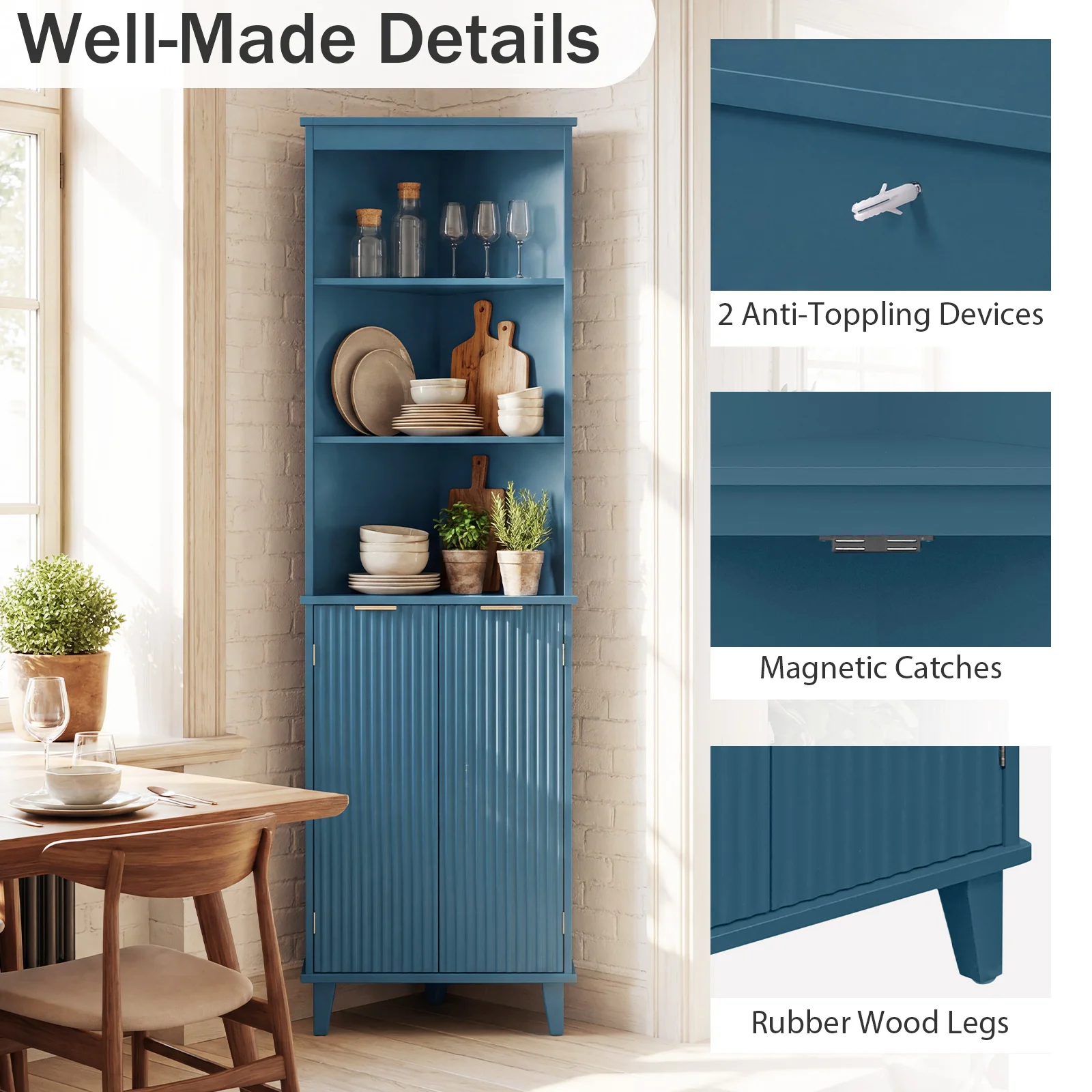 68 Inch Tall Bathroom Floor Storage Cabinet, Fluted Doors, Blue - Image 9