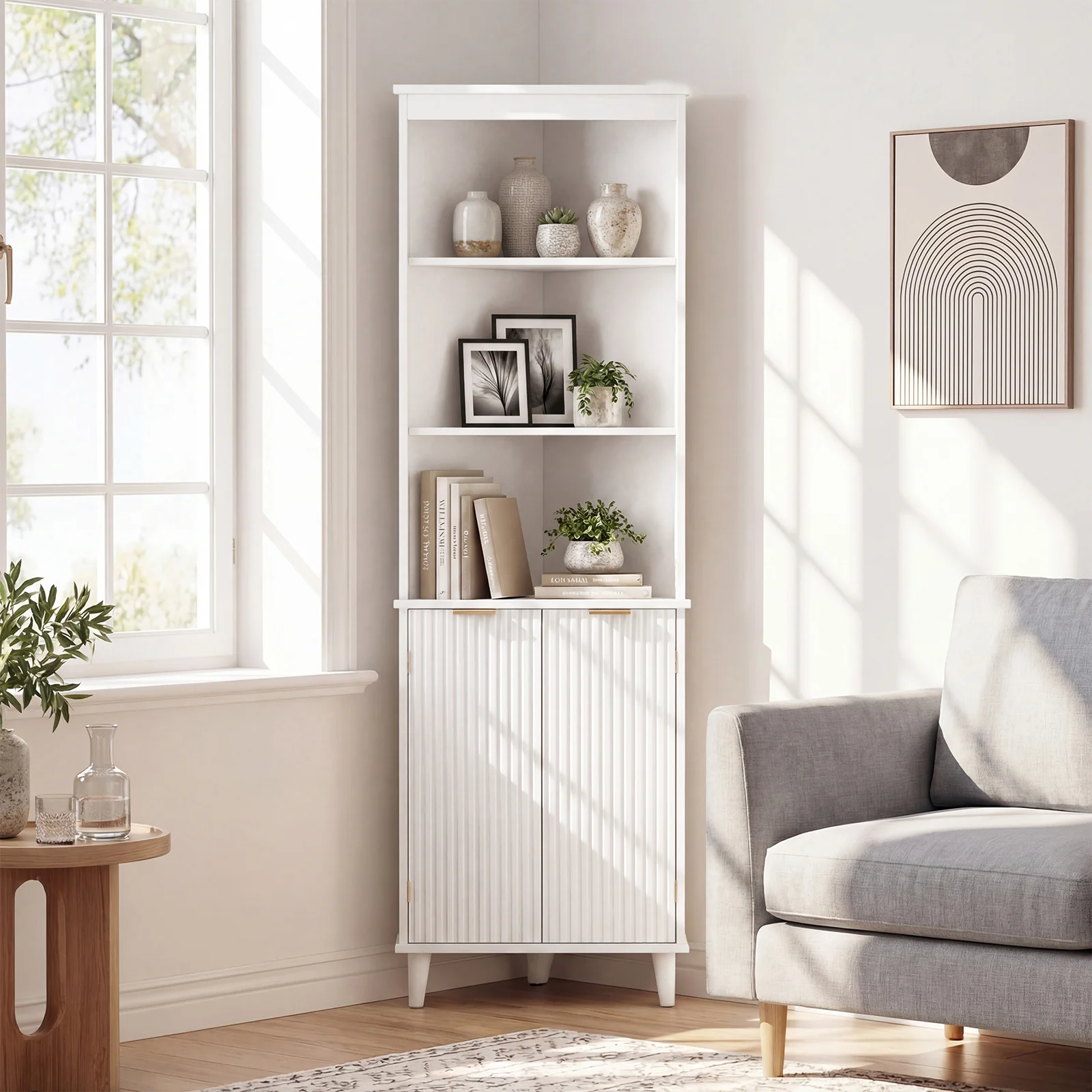 68 Inch Tall Bathroom Floor Storage Cabinet, Fluted Doors, White - Image 2