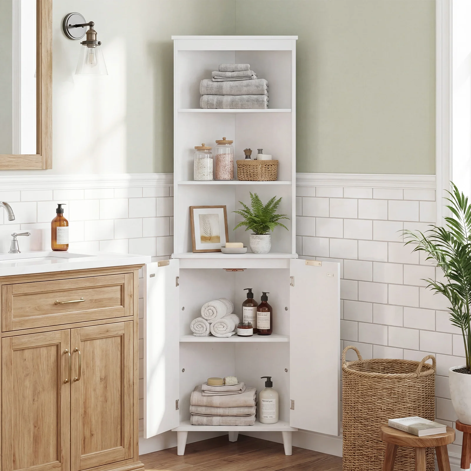 68 Inch Tall Bathroom Floor Storage Cabinet, Fluted Doors, White - Image 3