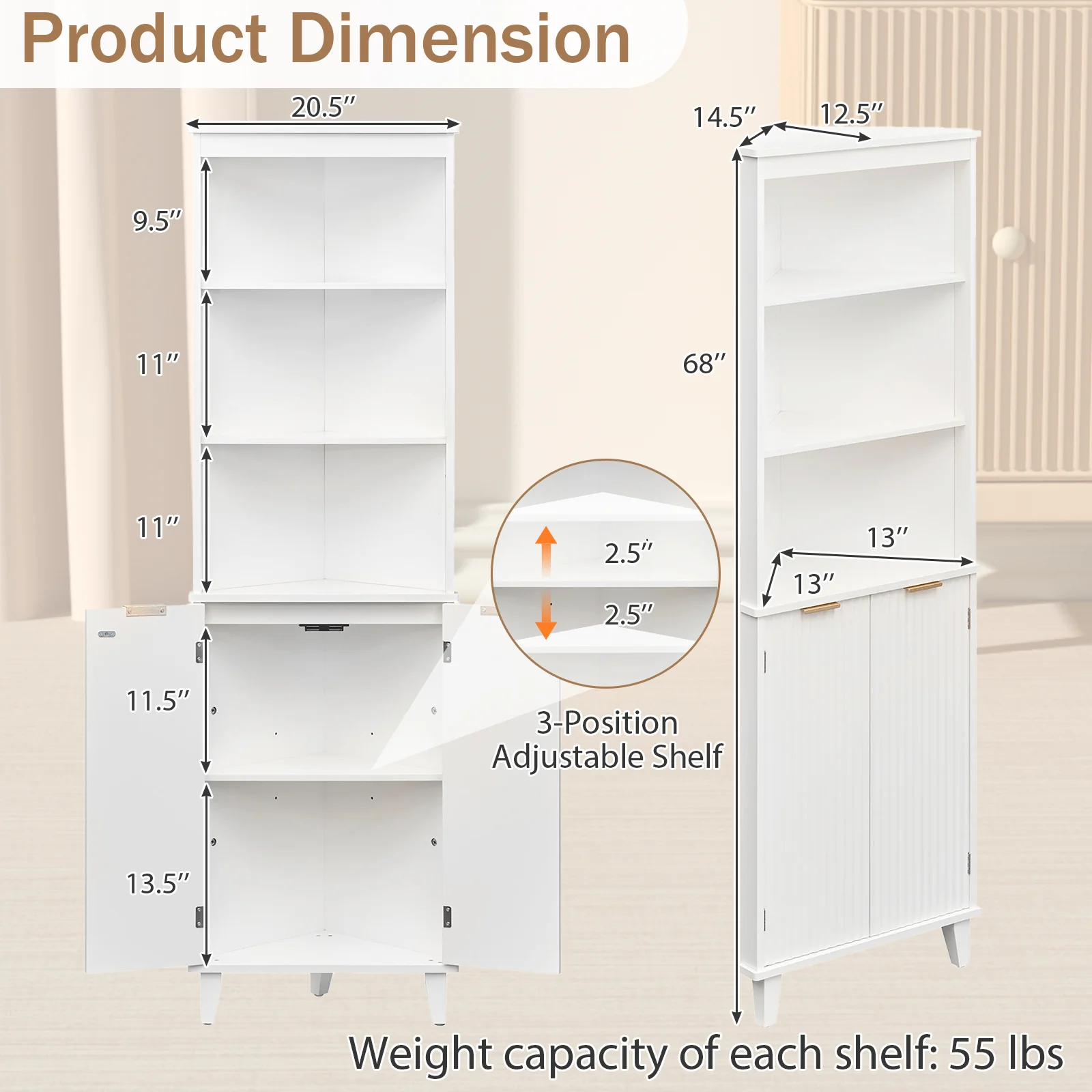 68 Inch Tall Bathroom Floor Storage Cabinet, Fluted Doors, White - Image 5
