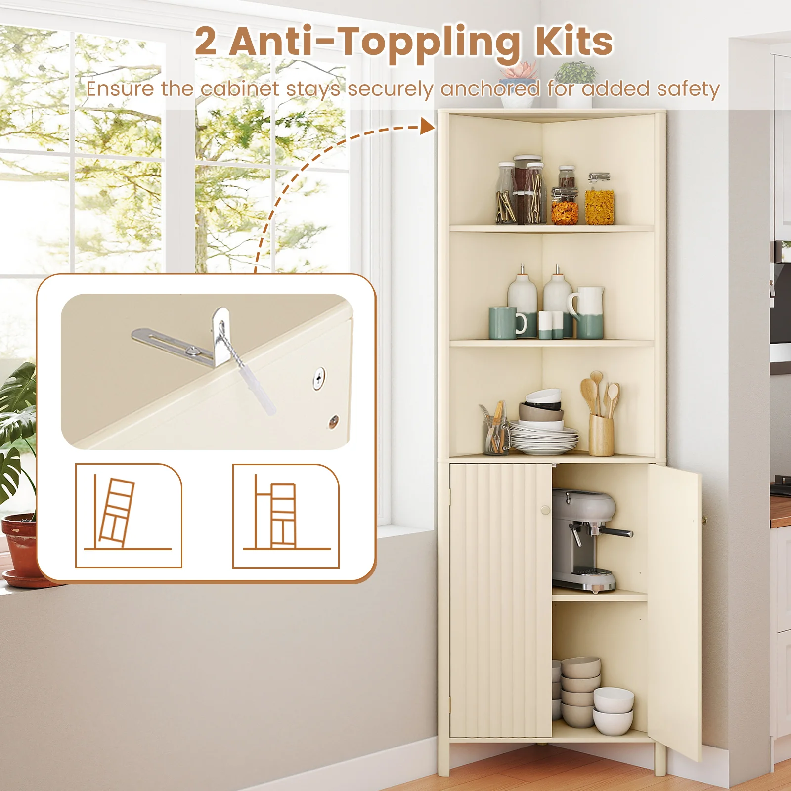 68 Inch Tall Corner Cabinet with 5 Shelves and 2 Fluted Doors for Bathroom, Beige - Image 10