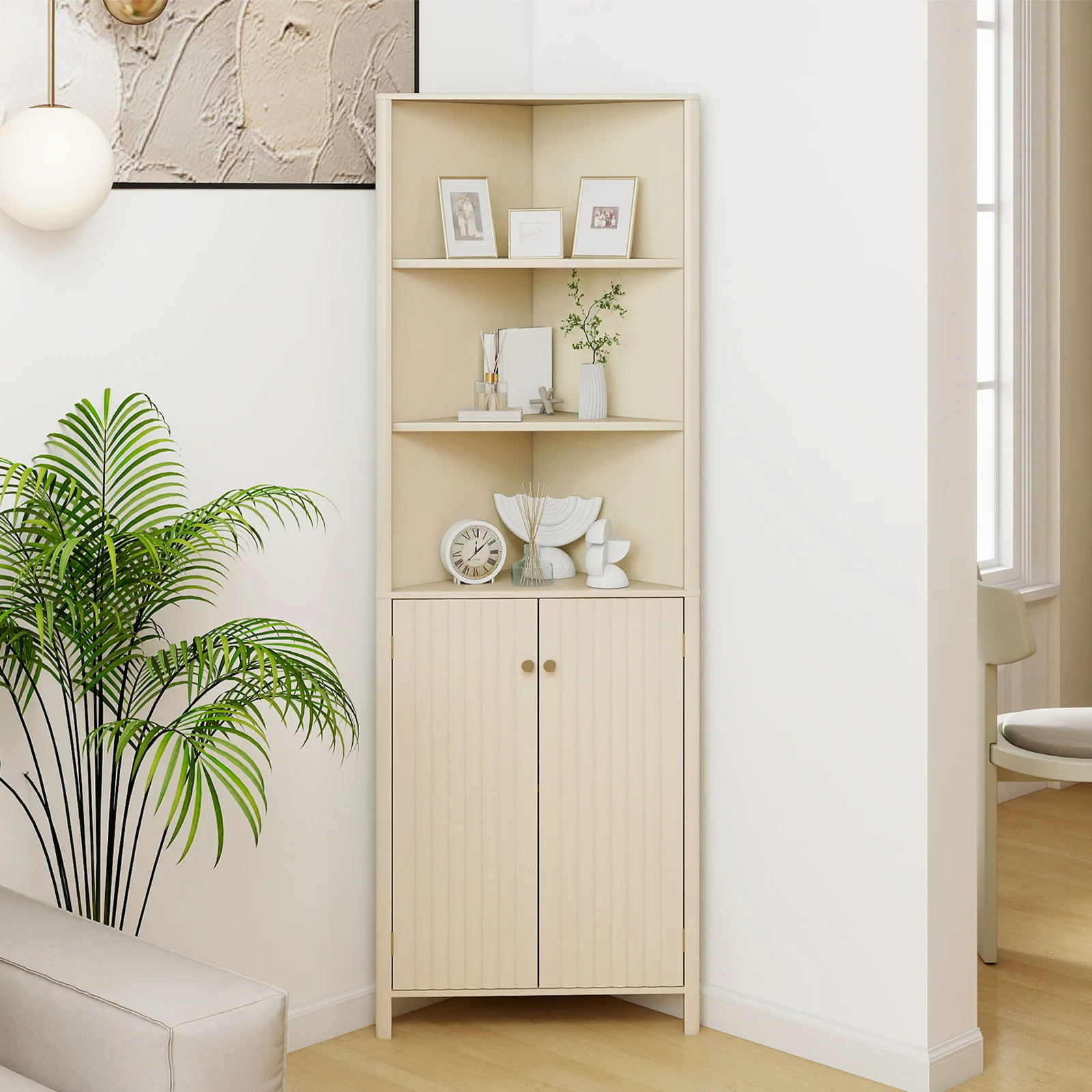 68 Inch Tall Corner Cabinet with 5 Shelves and 2 Fluted Doors for Bathroom, Beige - Image 2