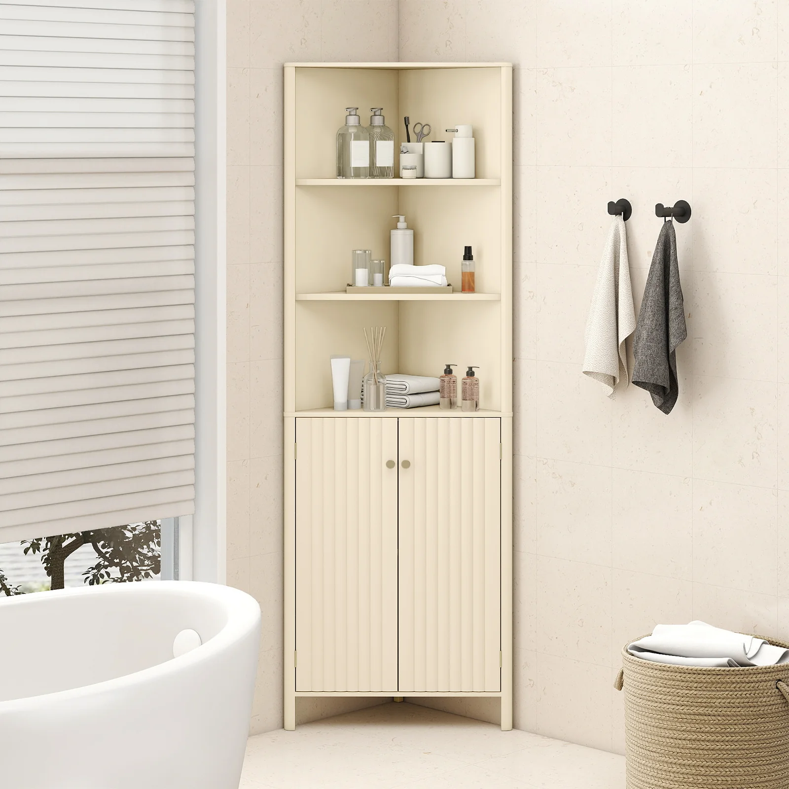 68 Inch Tall Corner Cabinet with 5 Shelves and 2 Fluted Doors for Bathroom, Beige - Image 3