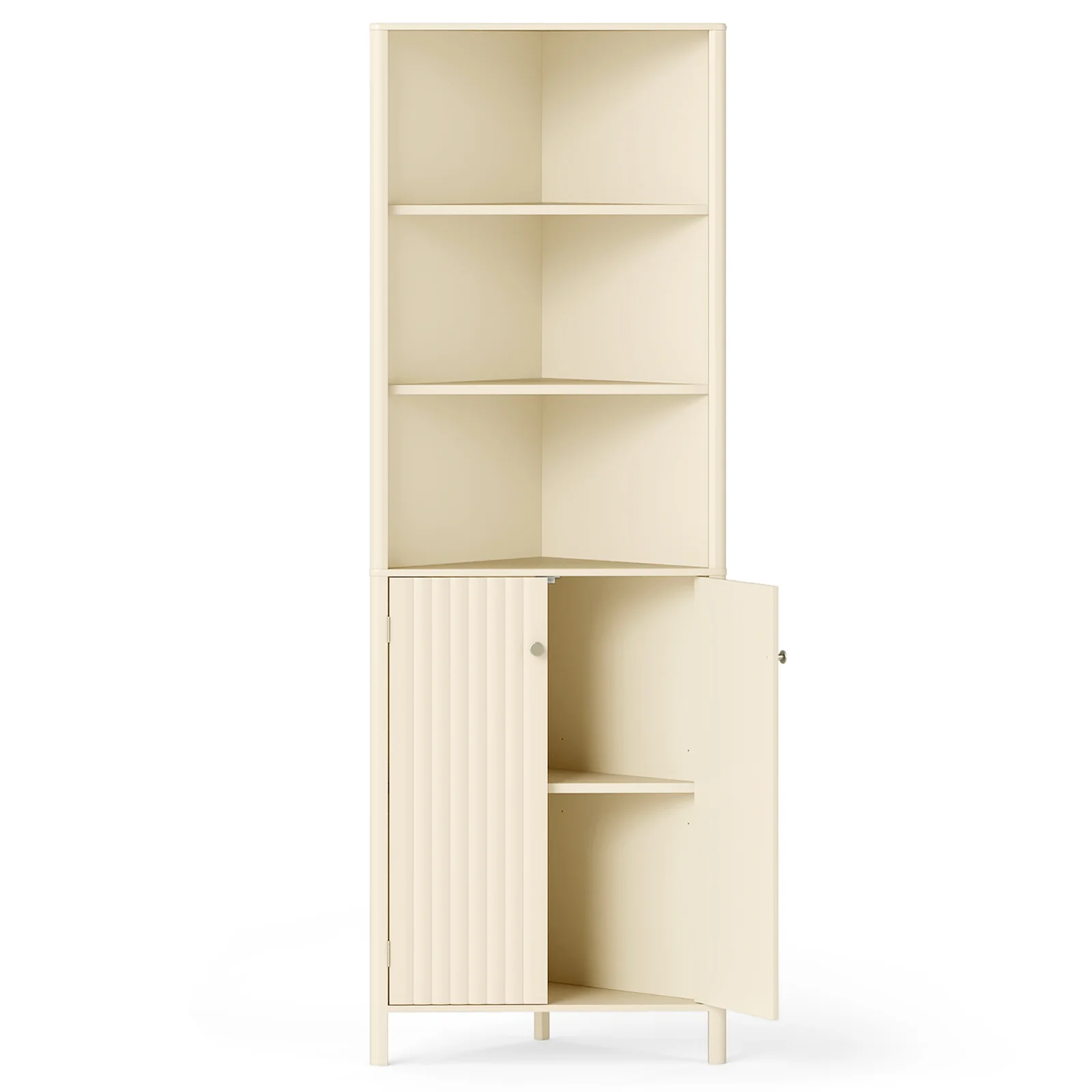 68 Inch Tall Corner Cabinet with 5 Shelves and 2 Fluted Doors for Bathroom, Beige - Image 4