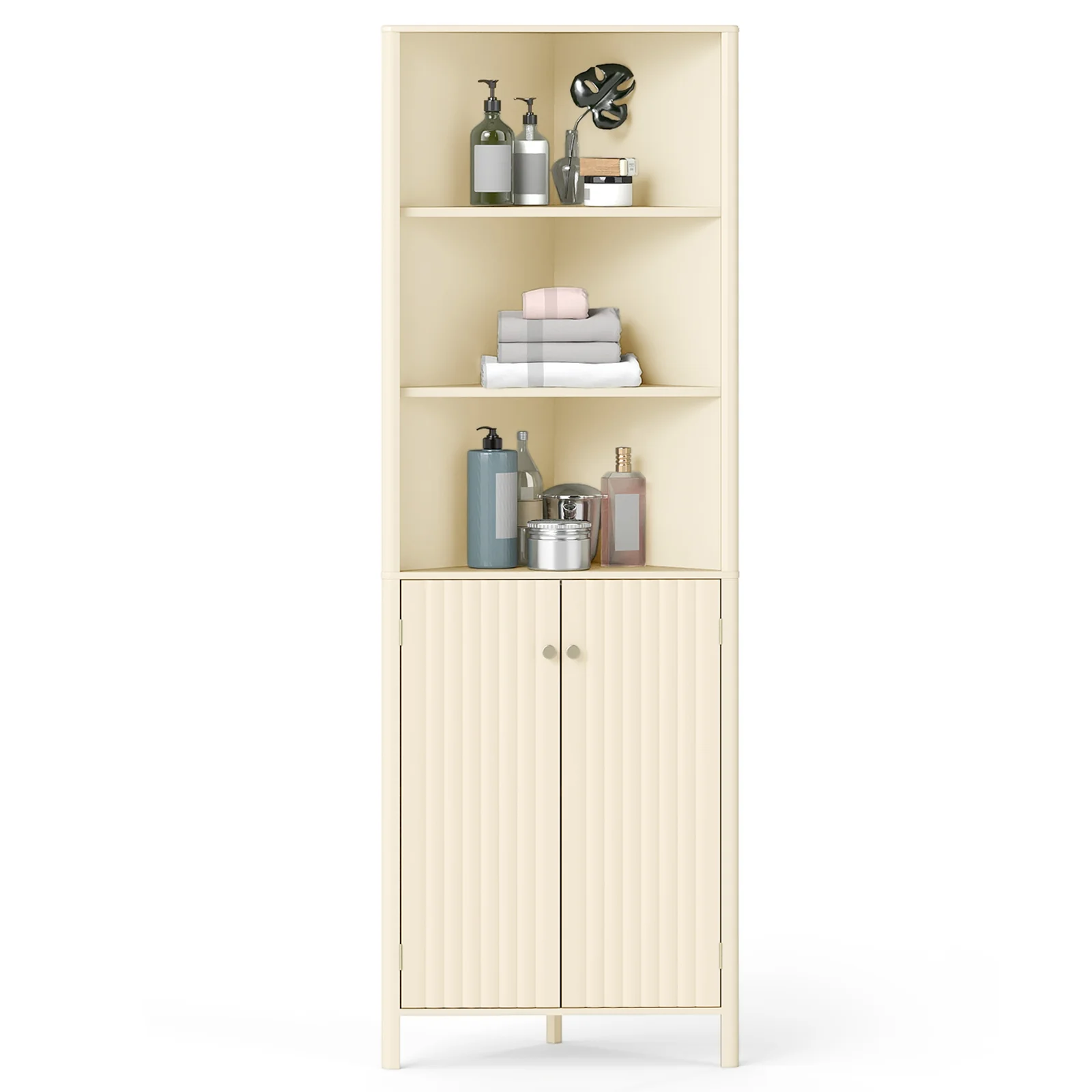68 Inch Tall Corner Cabinet with 5 Shelves and 2 Fluted Doors for Bathroom, Beige - Image 5
