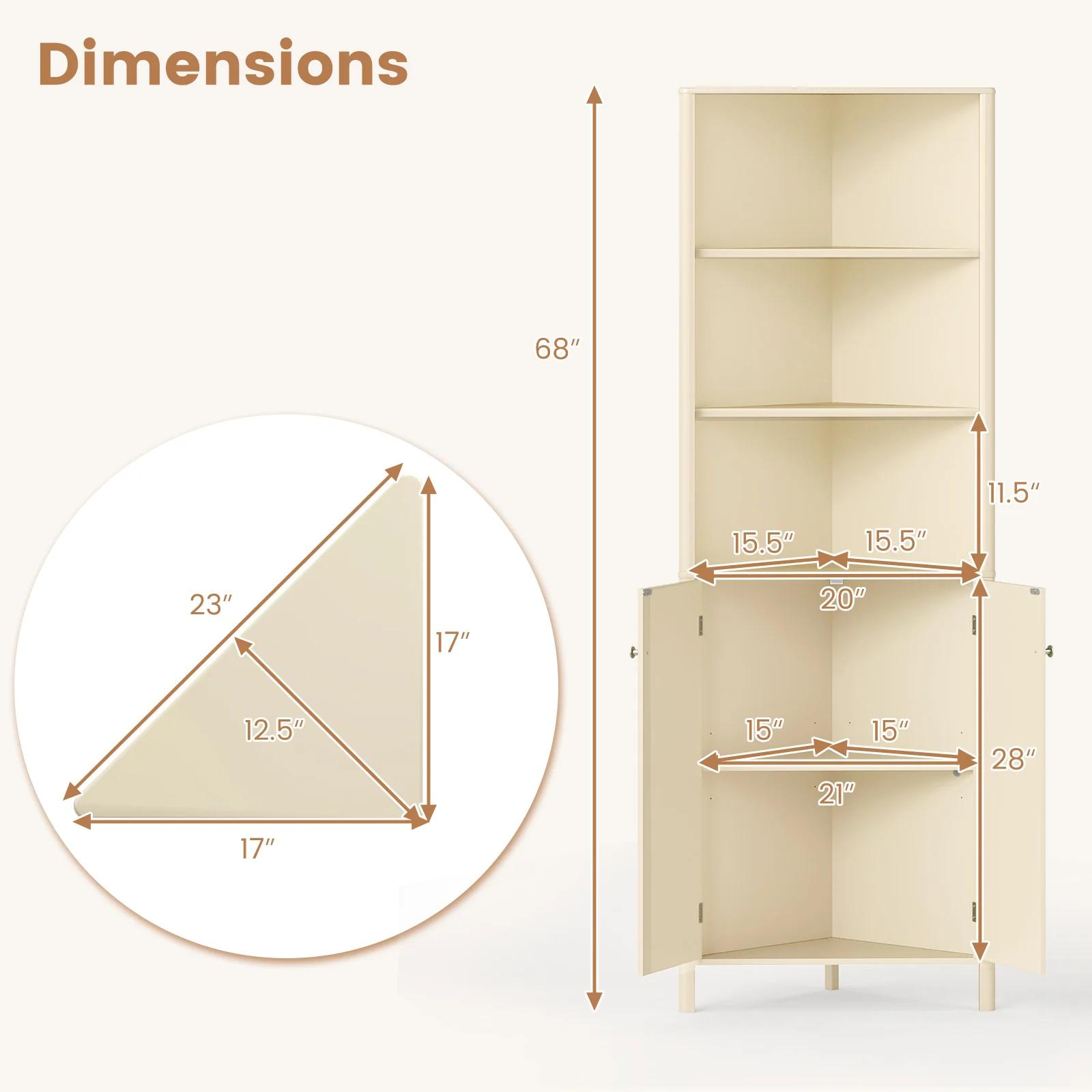 68 Inch Tall Corner Cabinet with 5 Shelves and 2 Fluted Doors for Bathroom, Beige - Image 6