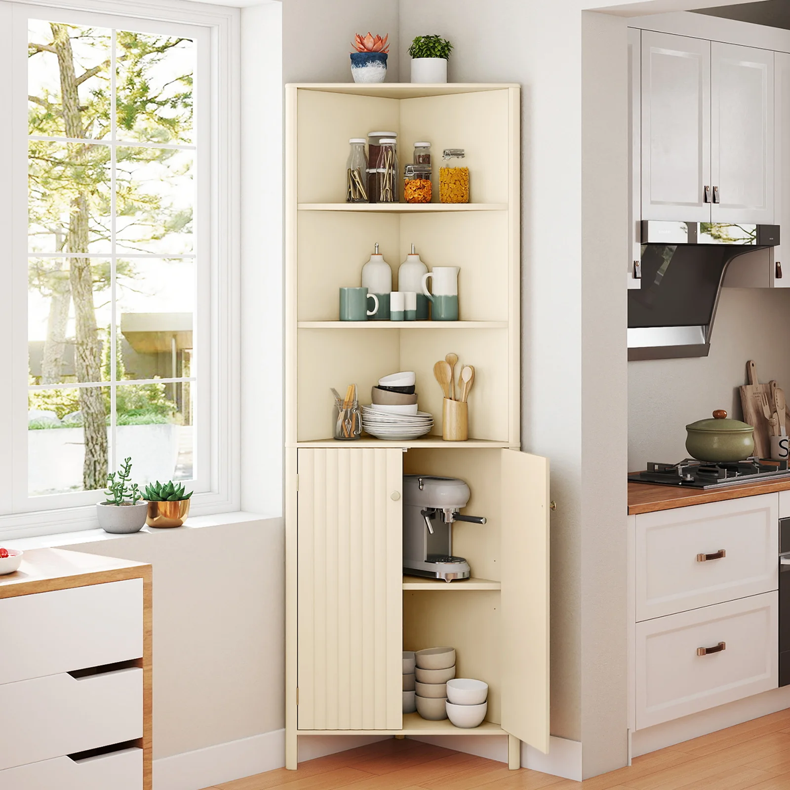 68 Inch Tall Corner Cabinet with 5 Shelves and 2 Fluted Doors for Bathroom, Beige - Image 7