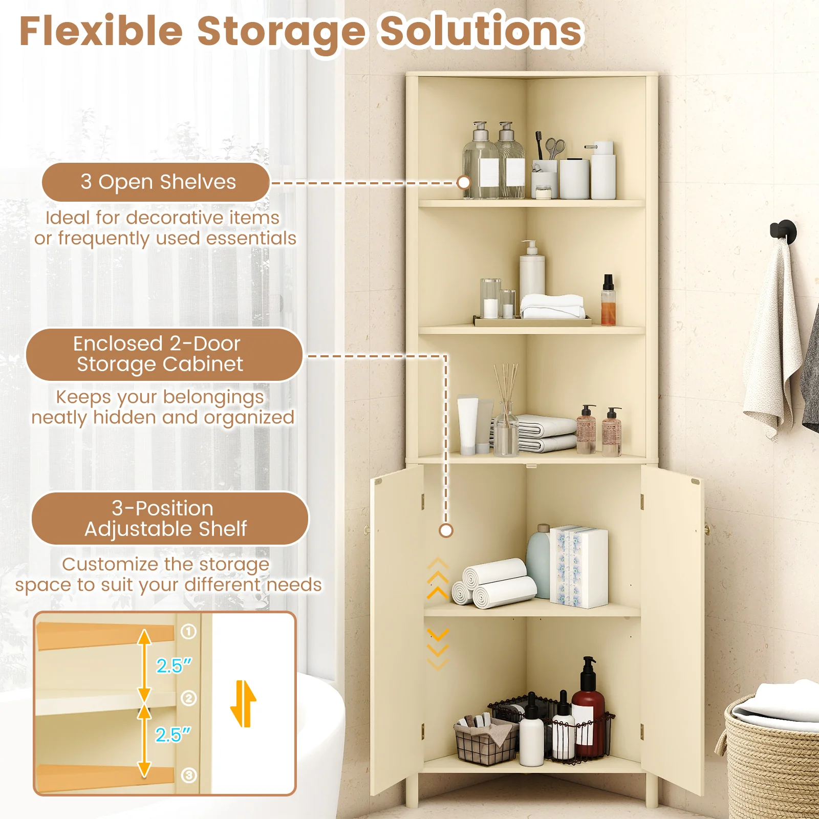 68 Inch Tall Corner Cabinet with 5 Shelves and 2 Fluted Doors for Bathroom, Beige - Image 8