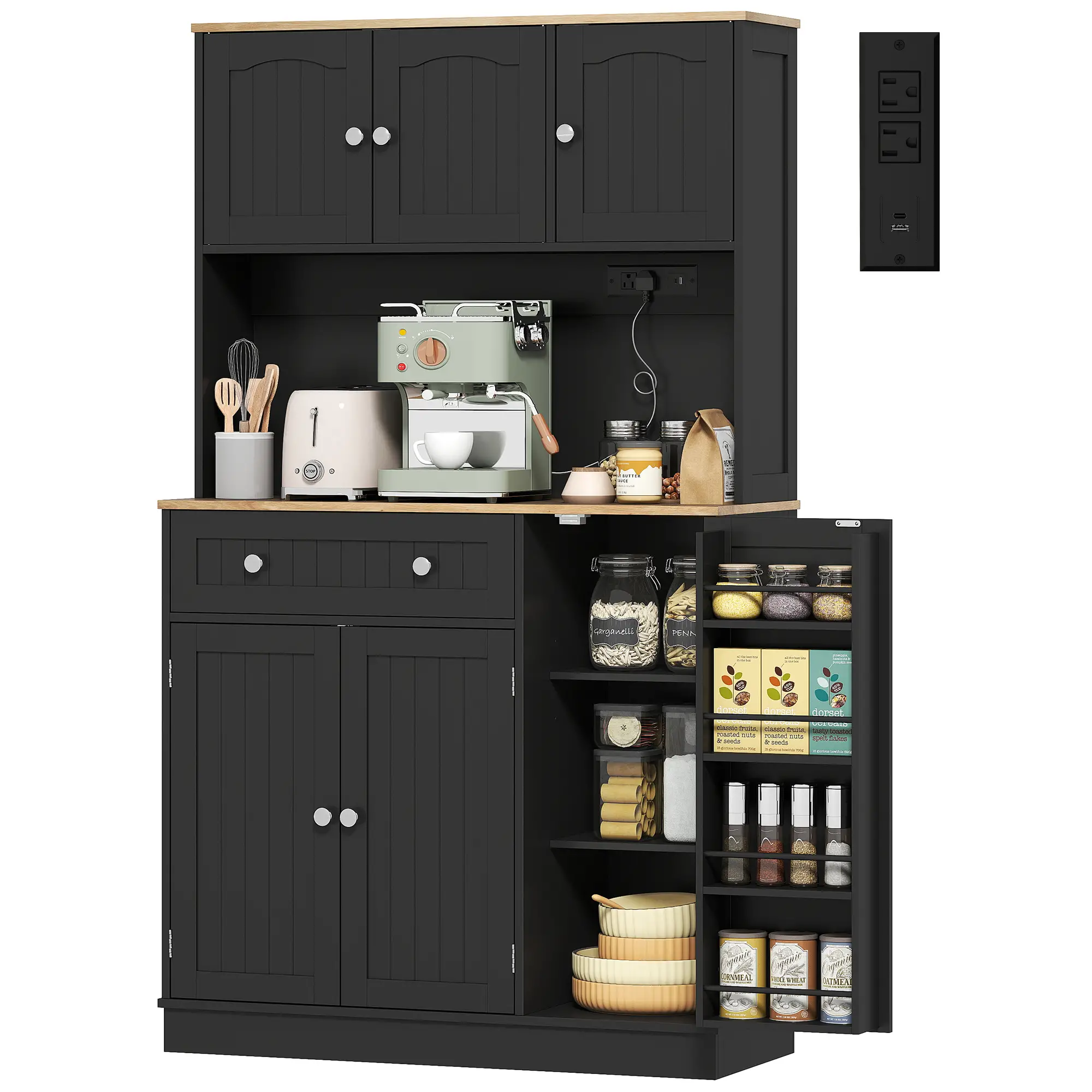 68" Pantry Cabinet with Charging Station, Microwave Stand, 4 Door Racks, Black