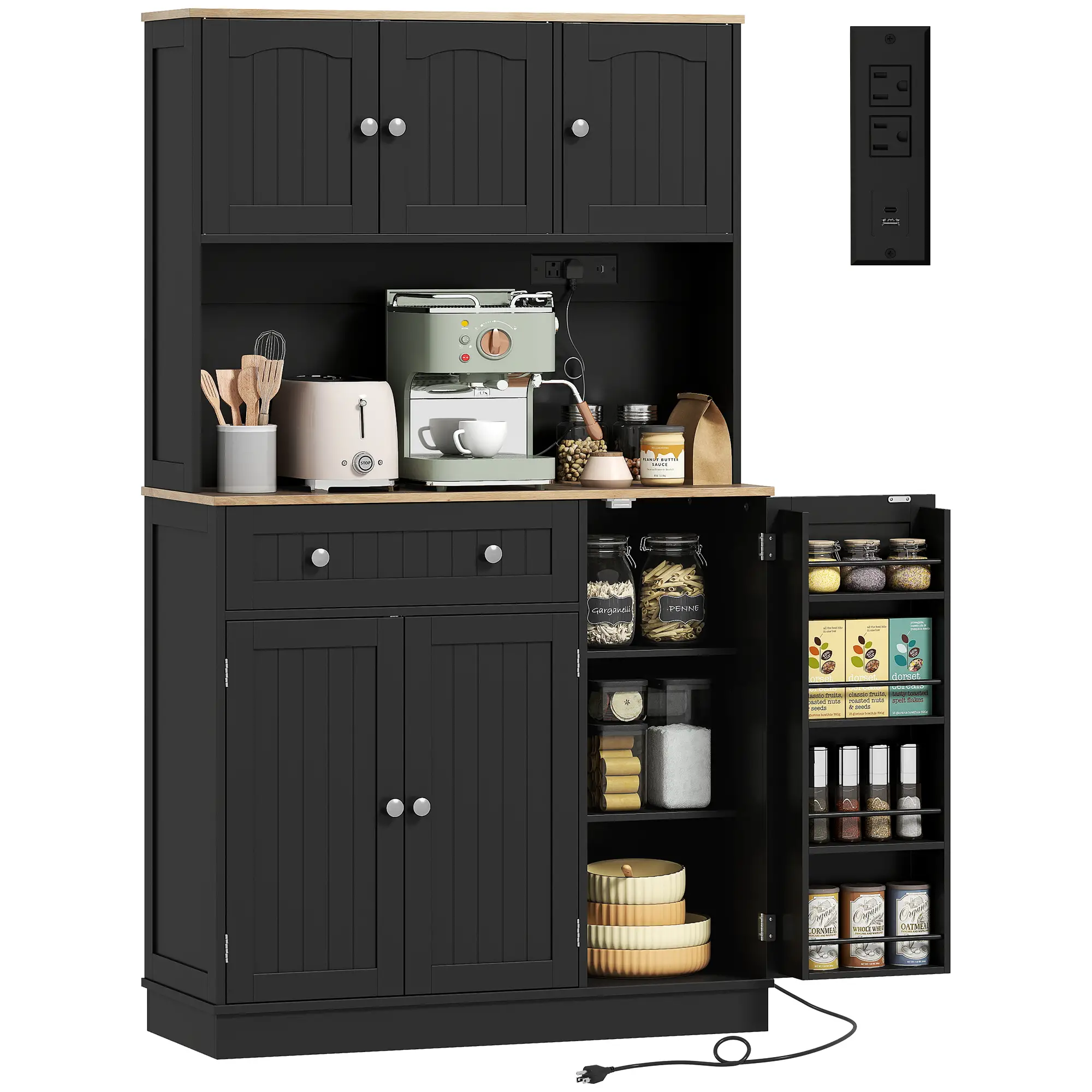 68" Pantry Cabinet with Charging Station, Microwave Stand, 4 Door Racks, Black - Image 11