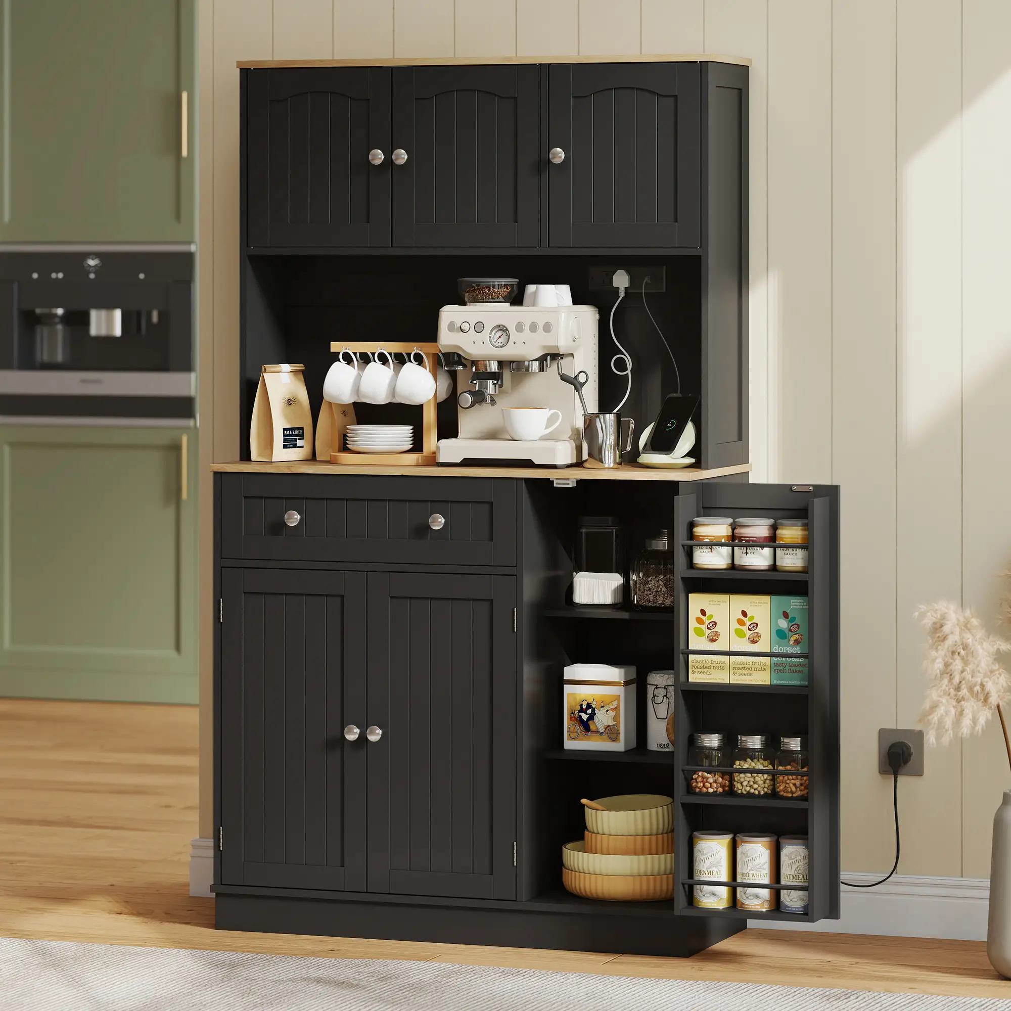 68" Pantry Cabinet with Charging Station, Microwave Stand, 4 Door Racks, Black - Image 2