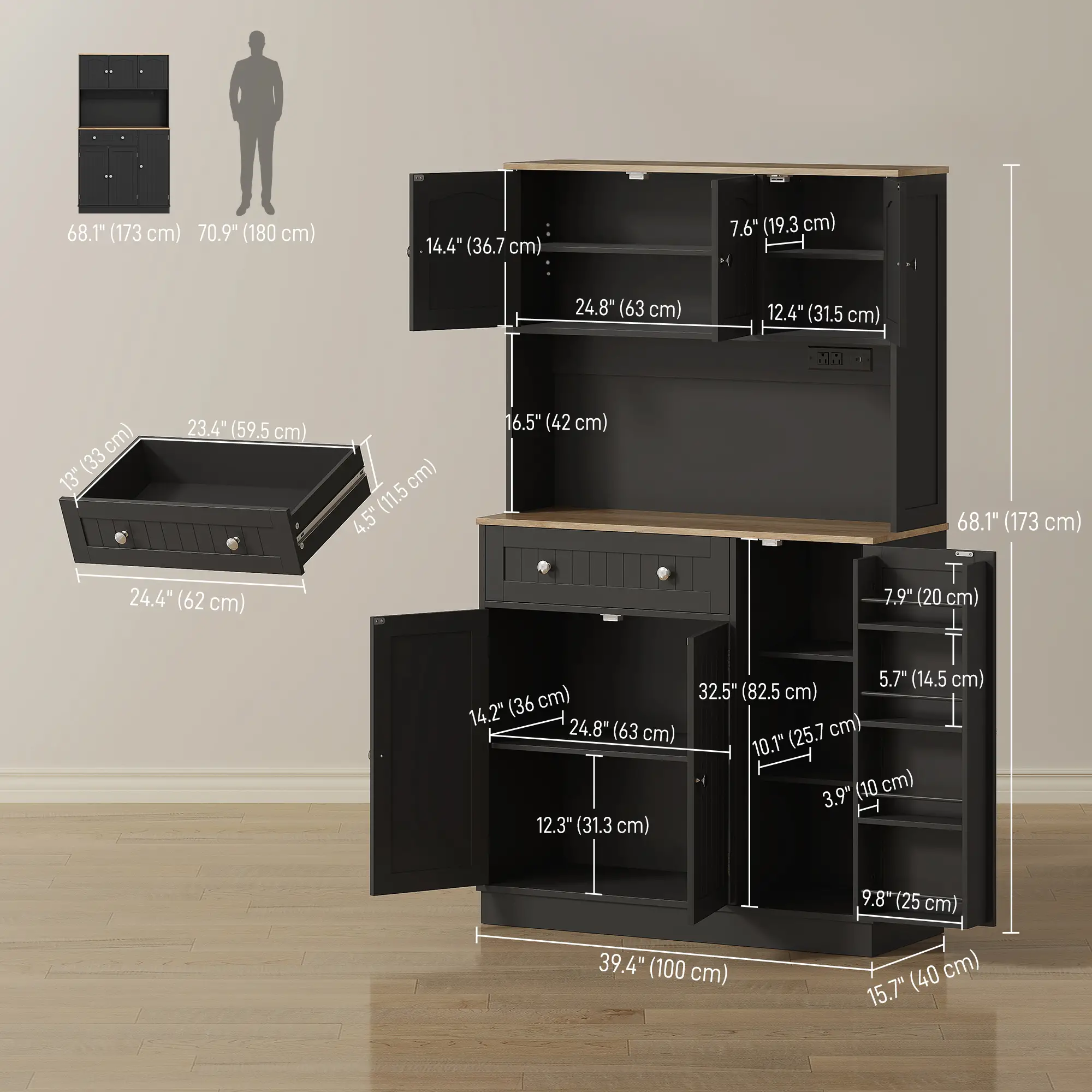 68" Pantry Cabinet with Charging Station, Microwave Stand, 4 Door Racks, Black - Image 3
