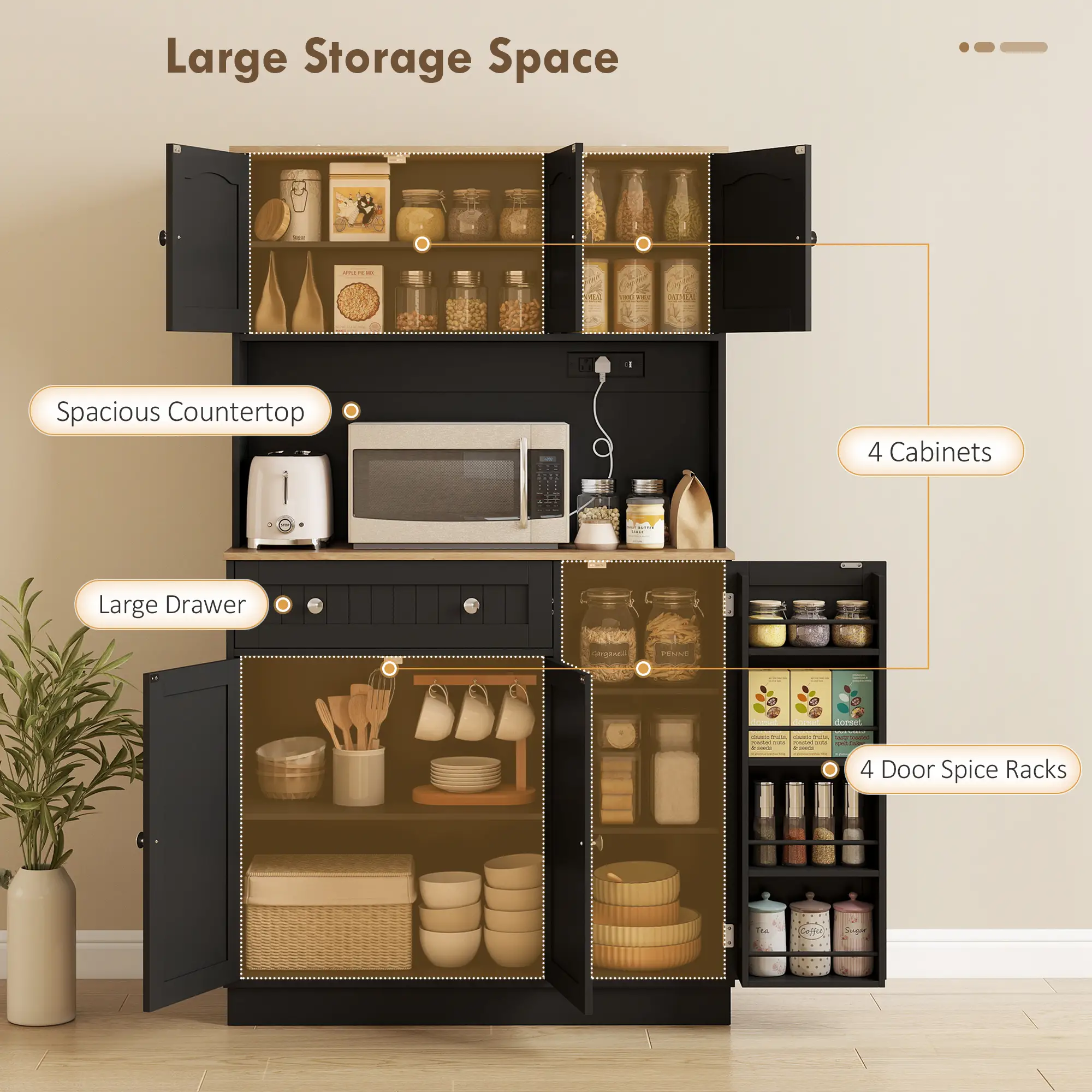 68" Pantry Cabinet with Charging Station, Microwave Stand, 4 Door Racks, Black - Image 4