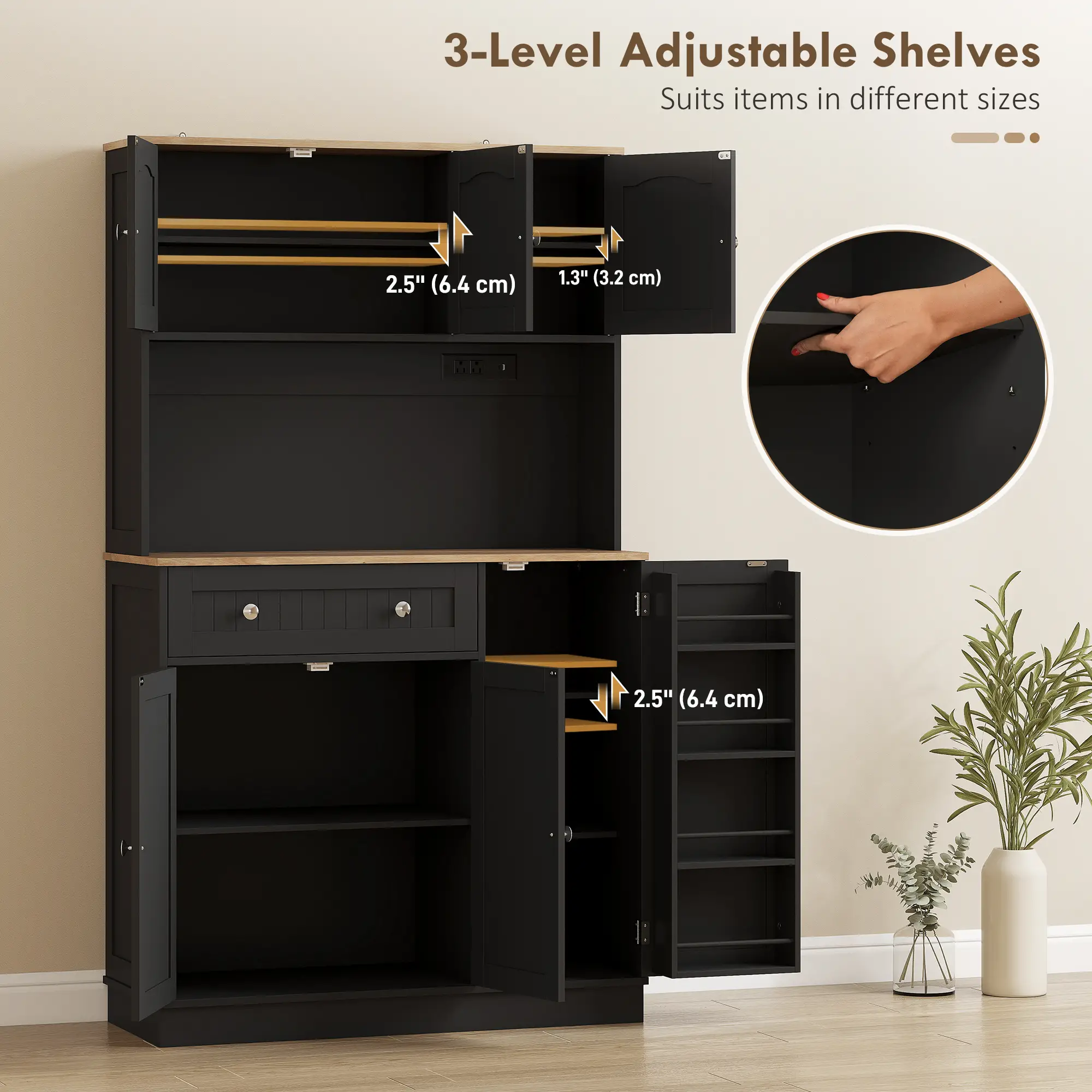 68" Pantry Cabinet with Charging Station, Microwave Stand, 4 Door Racks, Black - Image 5