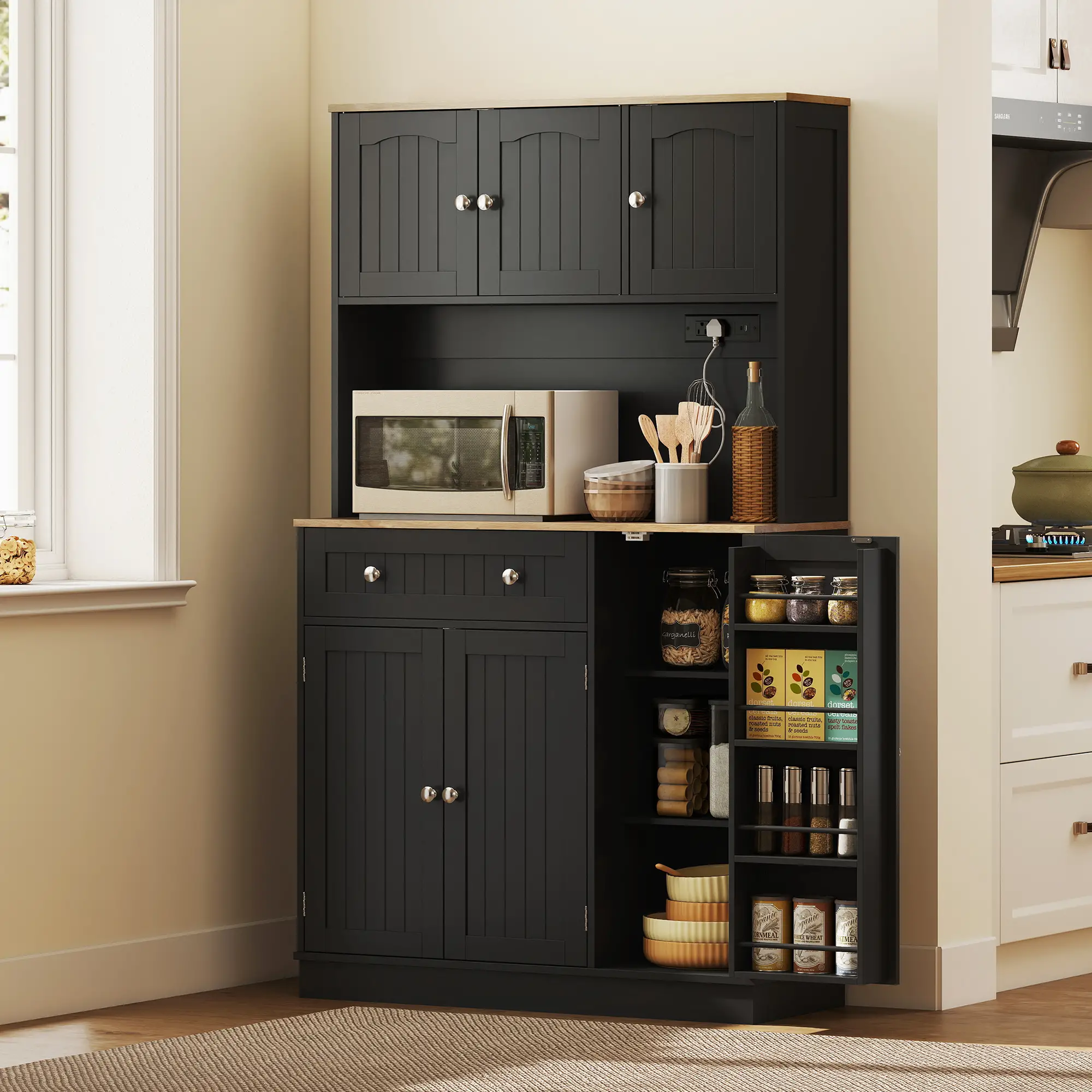 68" Pantry Cabinet with Charging Station, Microwave Stand, 4 Door Racks, Black - Image 8