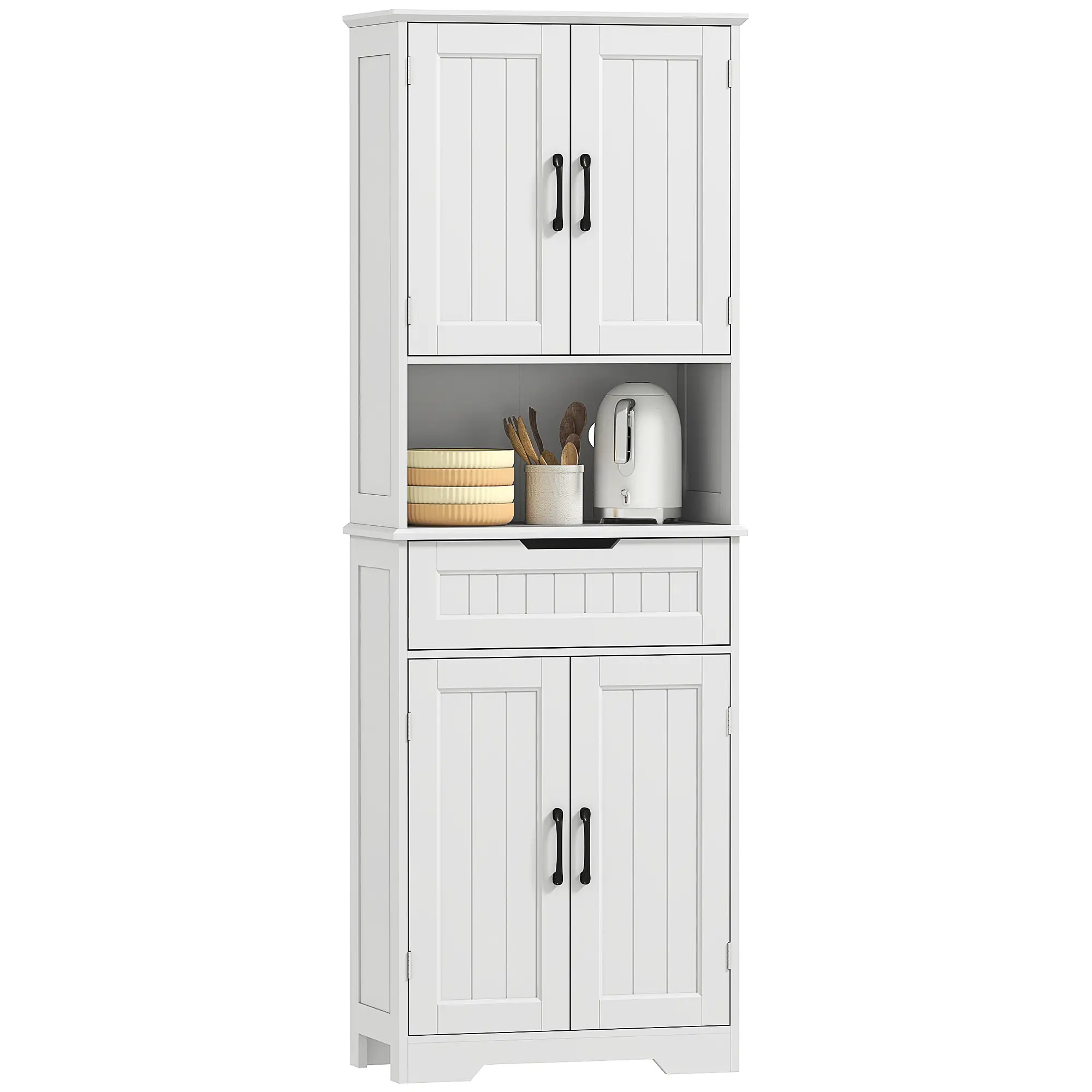 68" Tall Kitchen Buffet Hutch, 4 Doors, Drawer, Open Counter, White