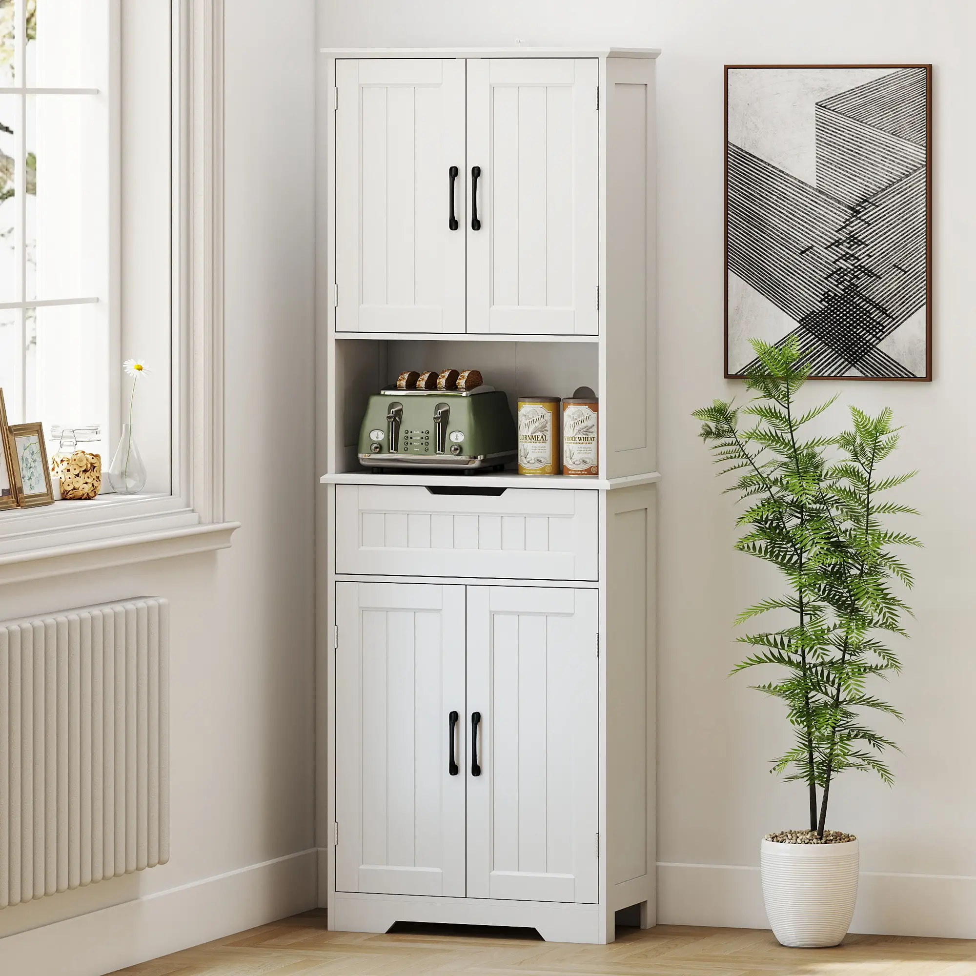 68" Tall Kitchen Buffet Hutch, 4 Doors, Drawer, Open Counter, White - Image 10