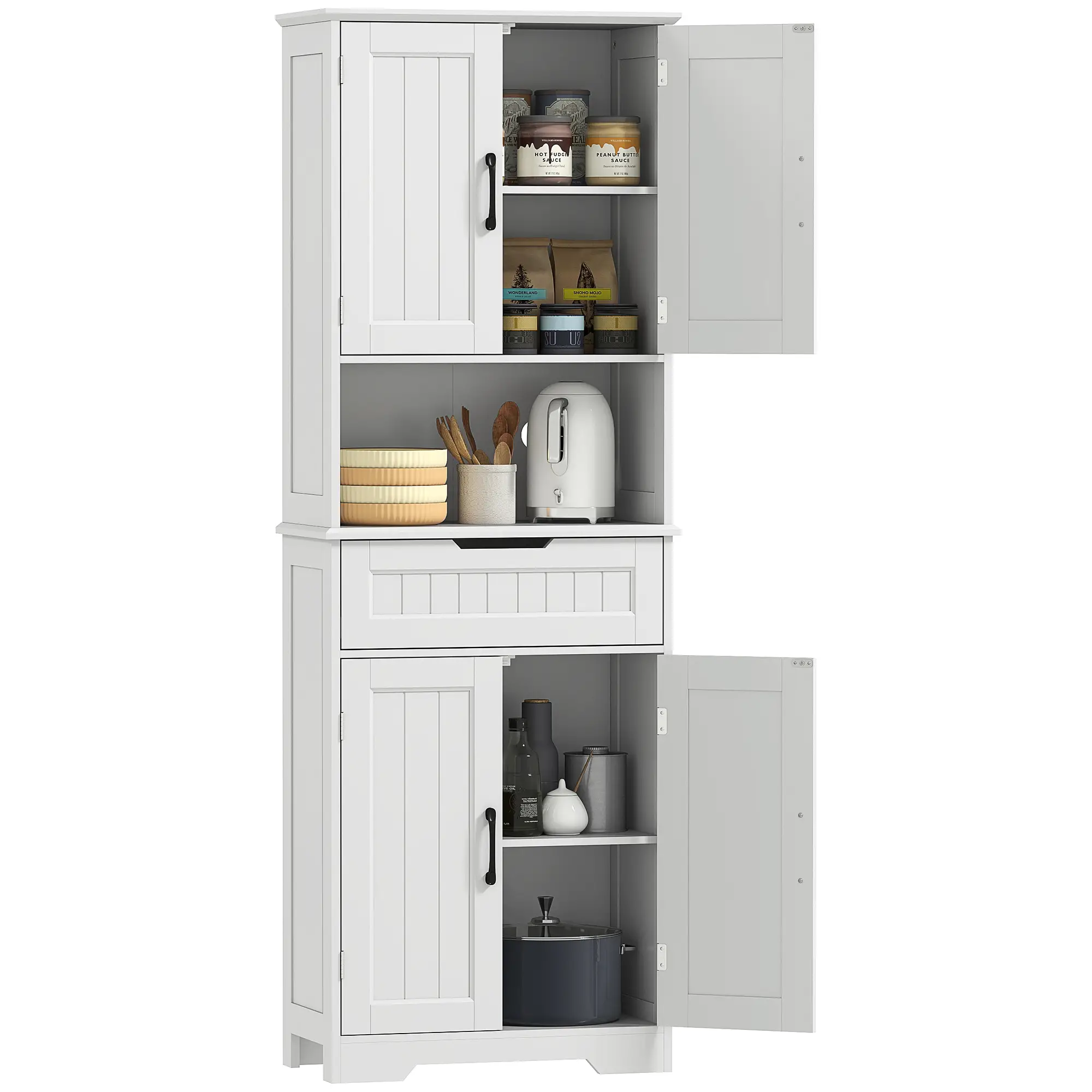 68" Tall Kitchen Buffet Hutch, 4 Doors, Drawer, Open Counter, White - Image 11