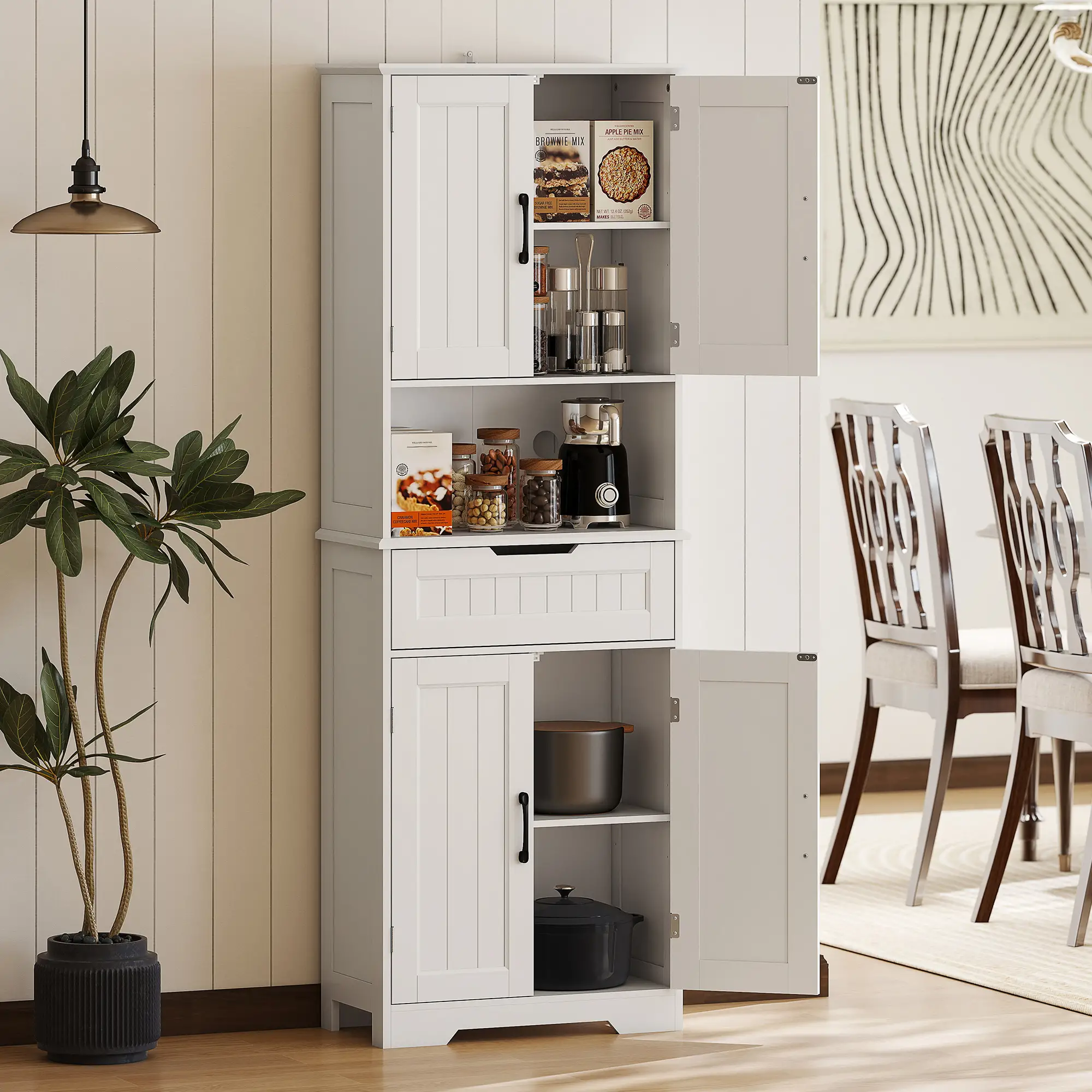 68" Tall Kitchen Buffet Hutch, 4 Doors, Drawer, Open Counter, White - Image 2