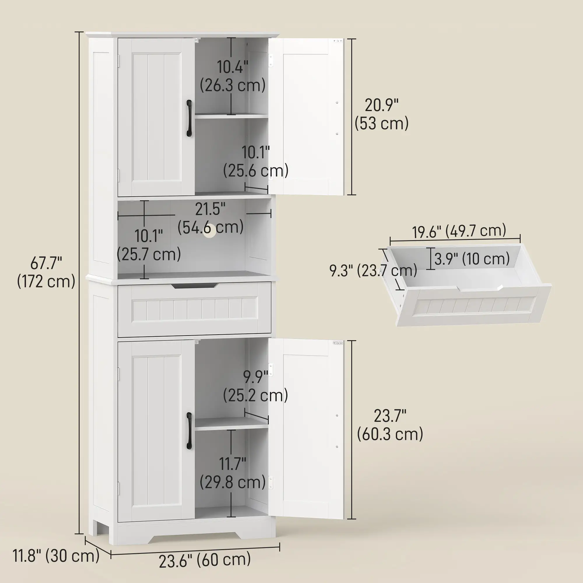 68" Tall Kitchen Buffet Hutch, 4 Doors, Drawer, Open Counter, White - Image 3