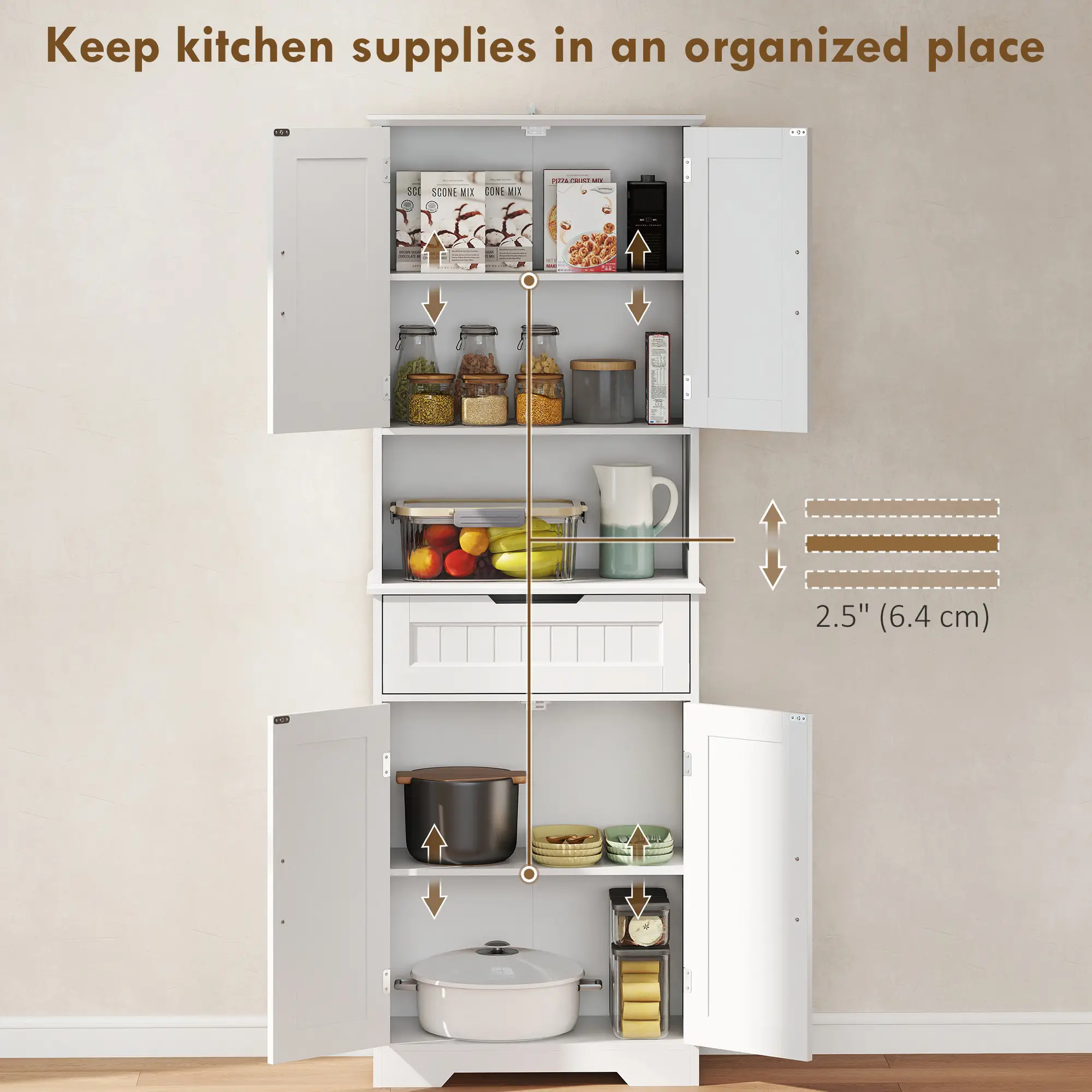 68" Tall Kitchen Buffet Hutch, 4 Doors, Drawer, Open Counter, White - Image 4