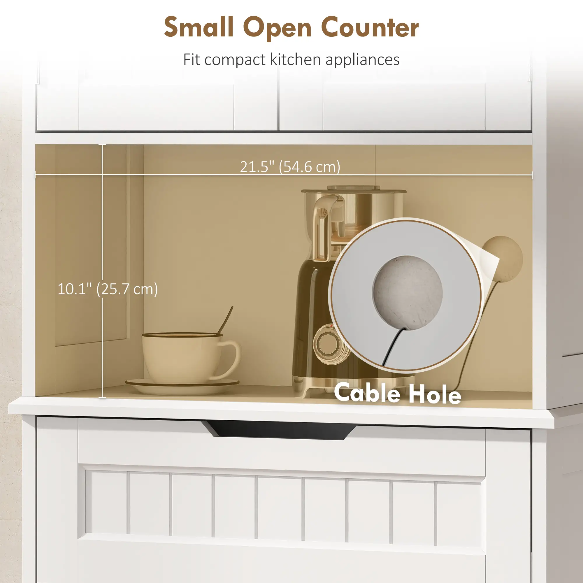 68" Tall Kitchen Buffet Hutch, 4 Doors, Drawer, Open Counter, White - Image 5
