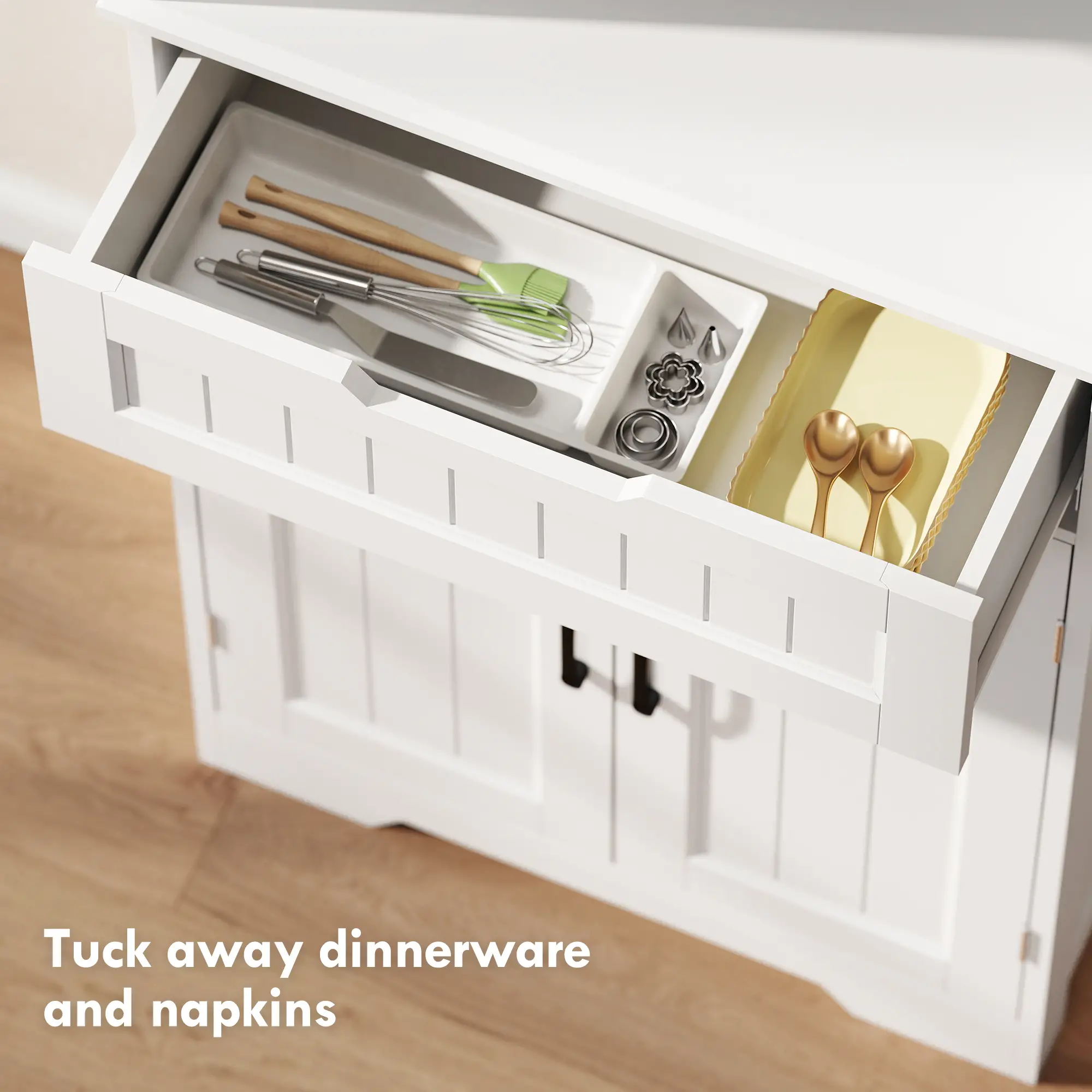 68" Tall Kitchen Buffet Hutch, 4 Doors, Drawer, Open Counter, White - Image 6