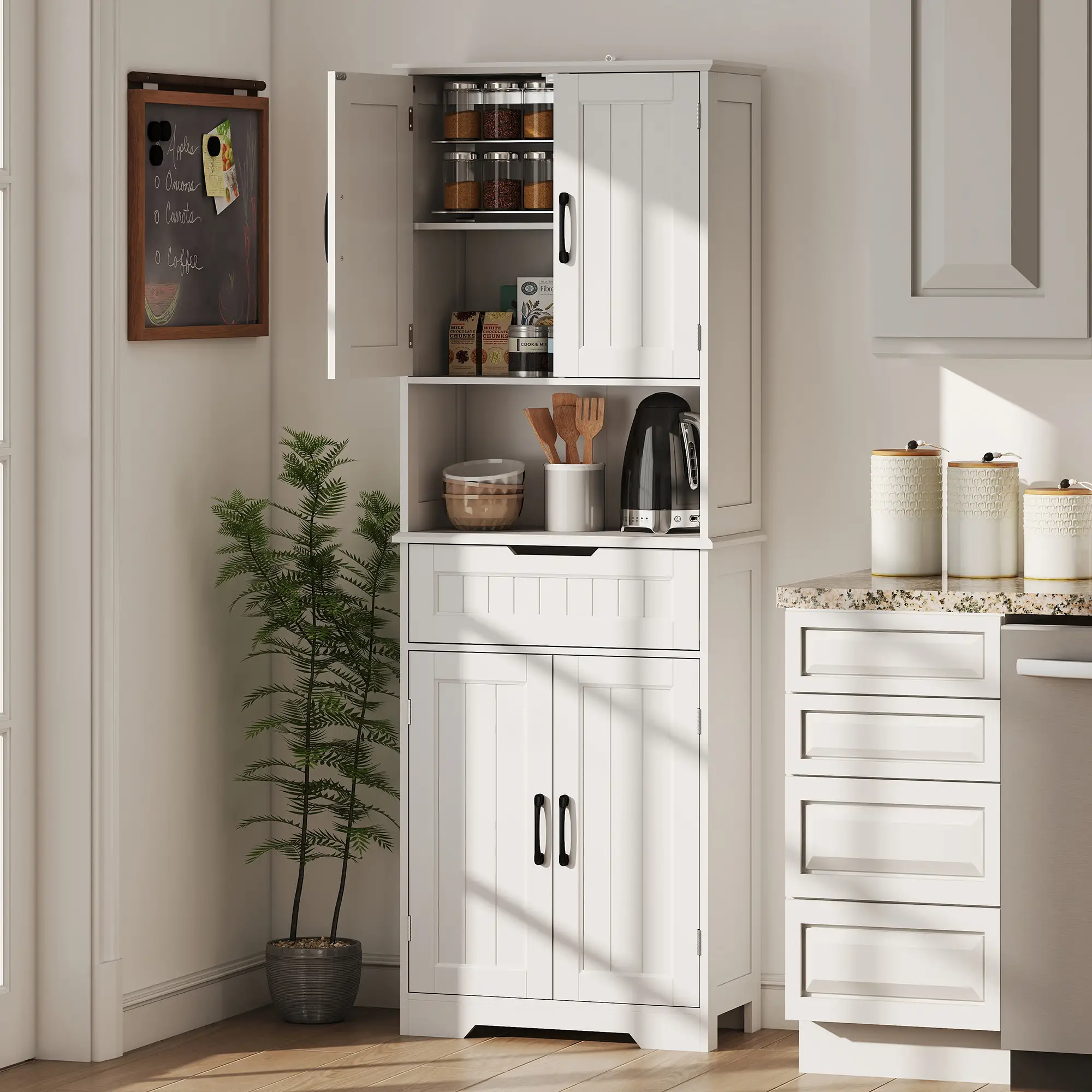 68" Tall Kitchen Buffet Hutch, 4 Doors, Drawer, Open Counter, White - Image 8