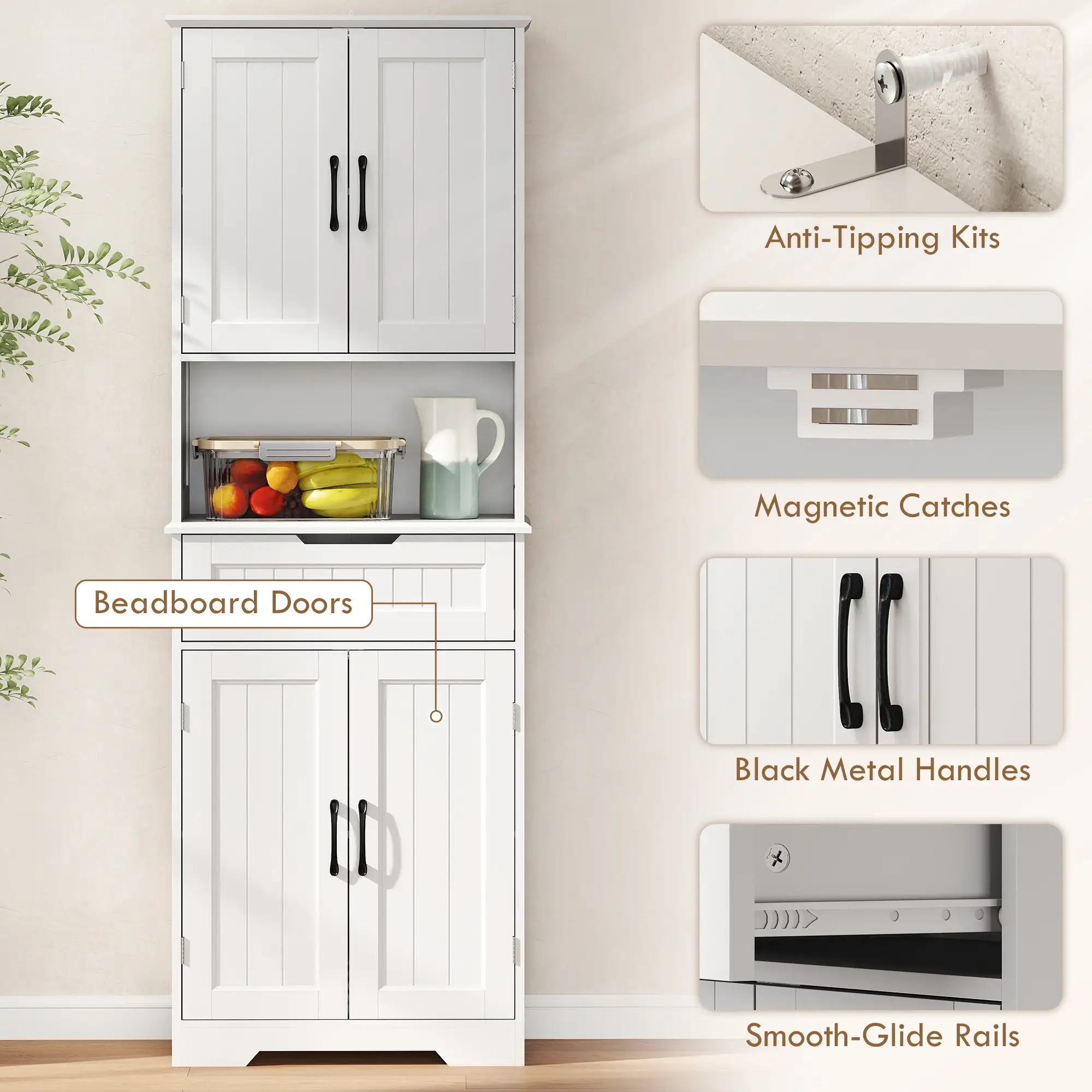 68" Tall Kitchen Buffet Hutch, 4 Doors, Drawer, Open Counter, White - Image 9