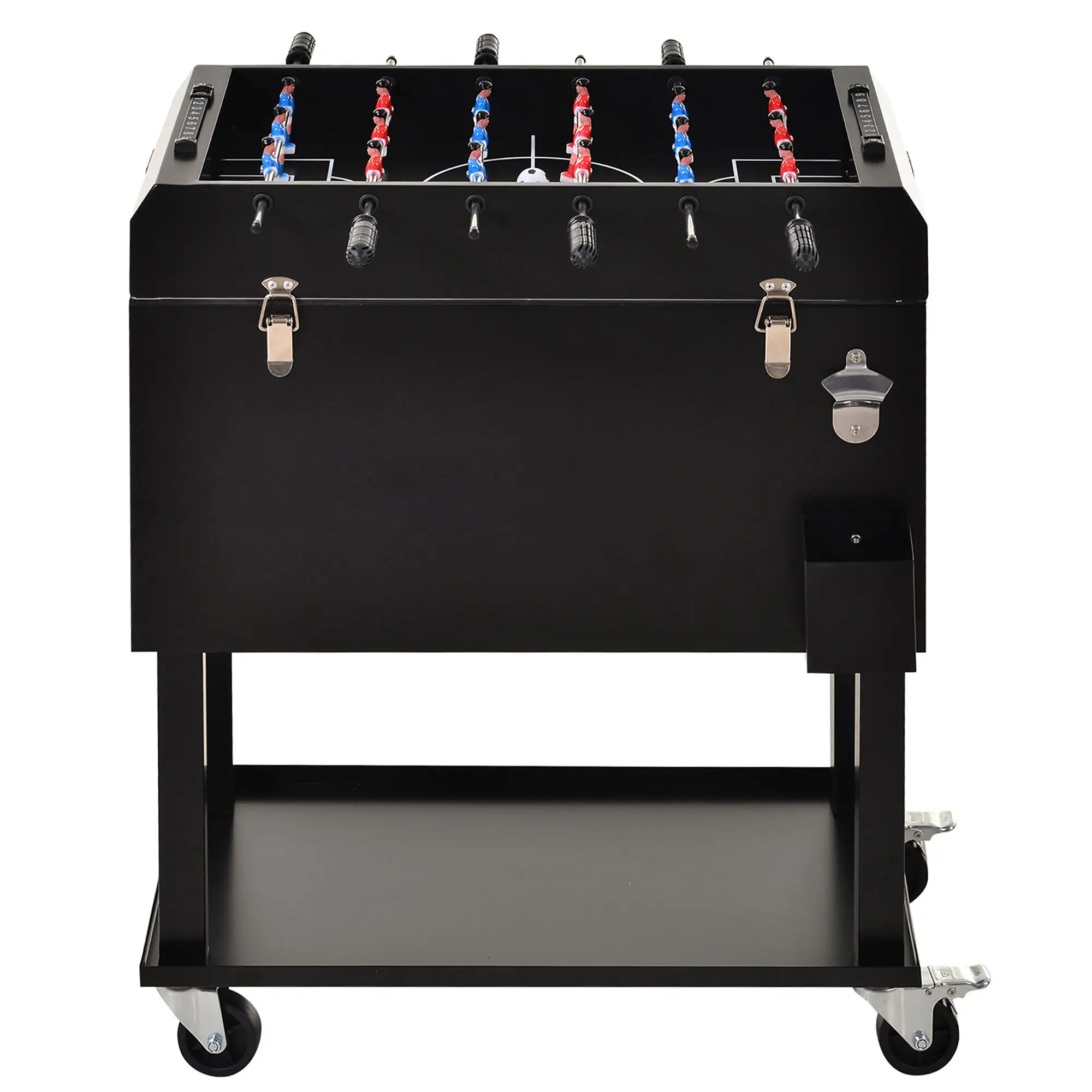68QT Portable Cooler with Foosball Table Top, Wheels, Tray Shelf, Black