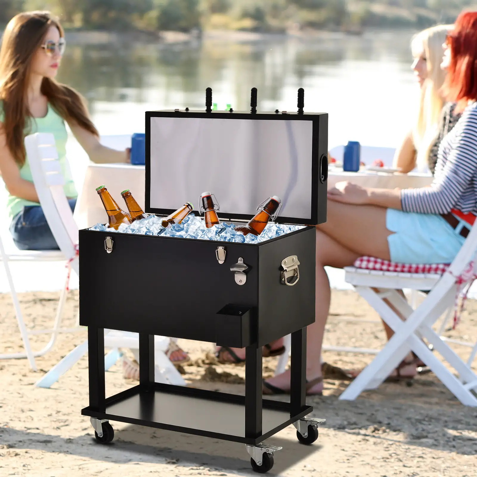 68QT Portable Cooler with Foosball Table Top, Wheels, Tray Shelf, Black - Image 2
