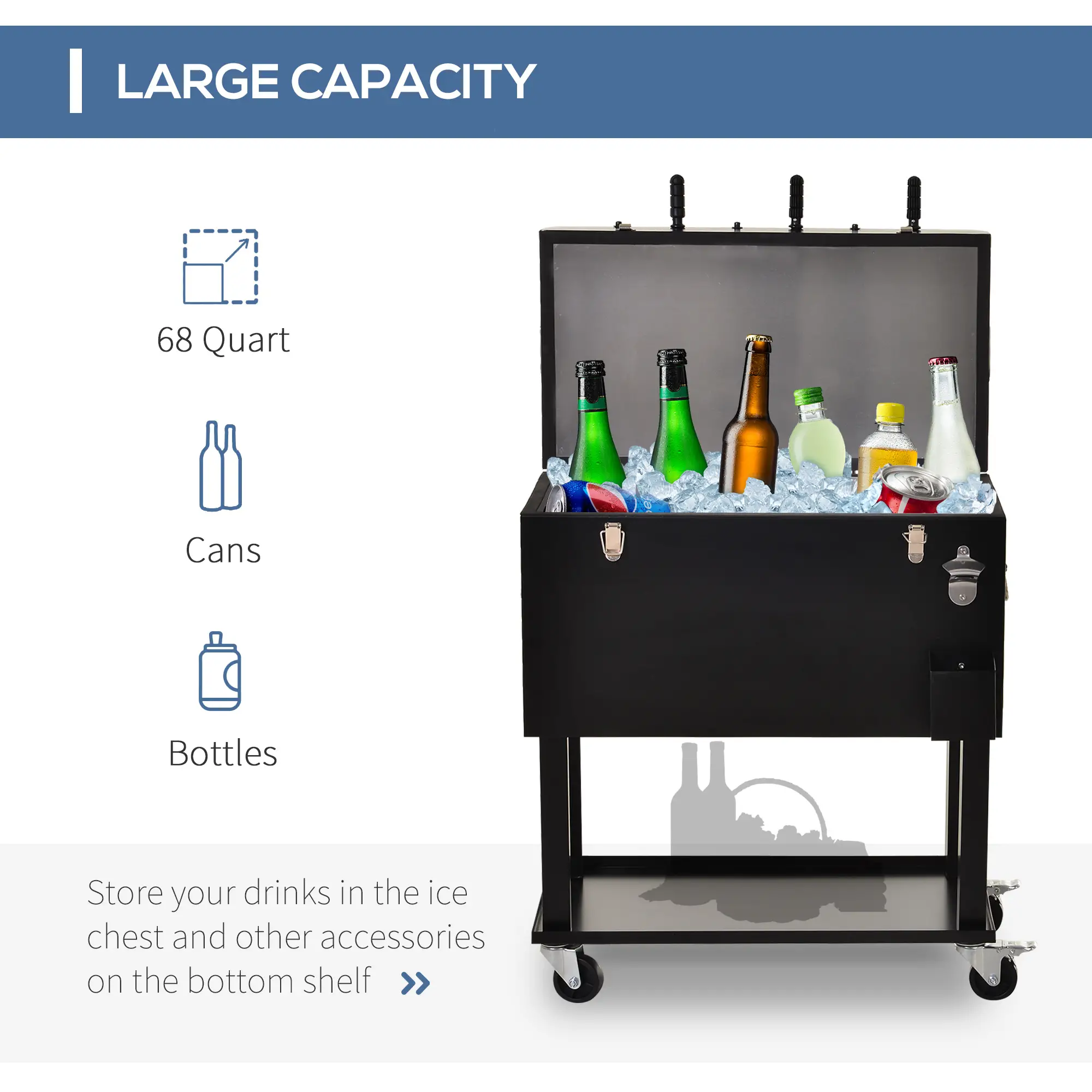 68QT Portable Cooler with Foosball Table Top, Wheels, Tray Shelf, Black - Image 4