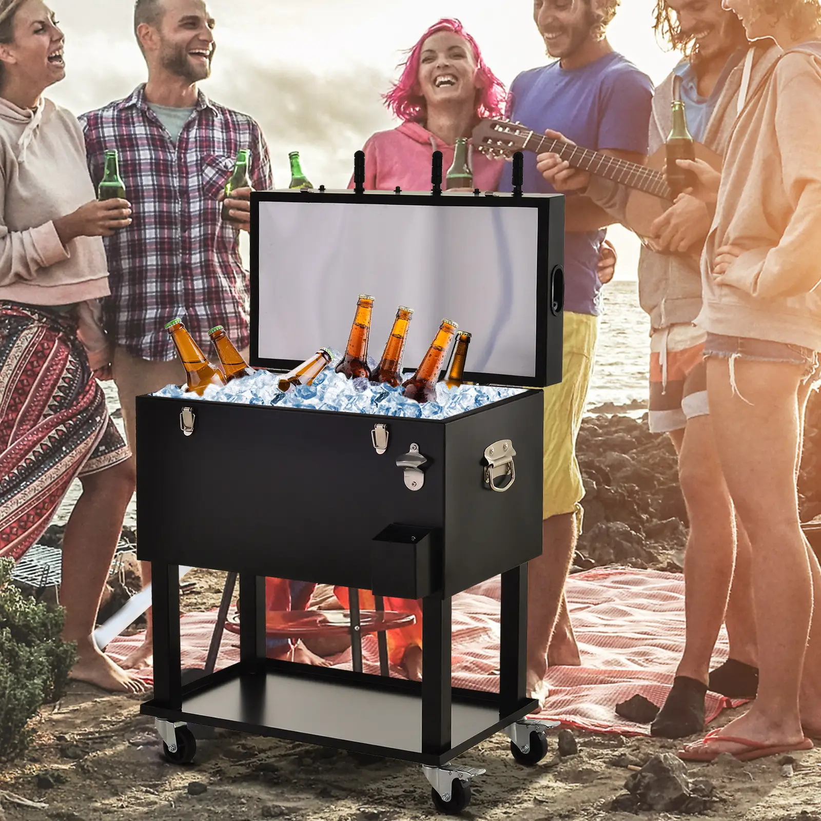 68QT Portable Cooler with Foosball Table Top, Wheels, Tray Shelf, Black - Image 8