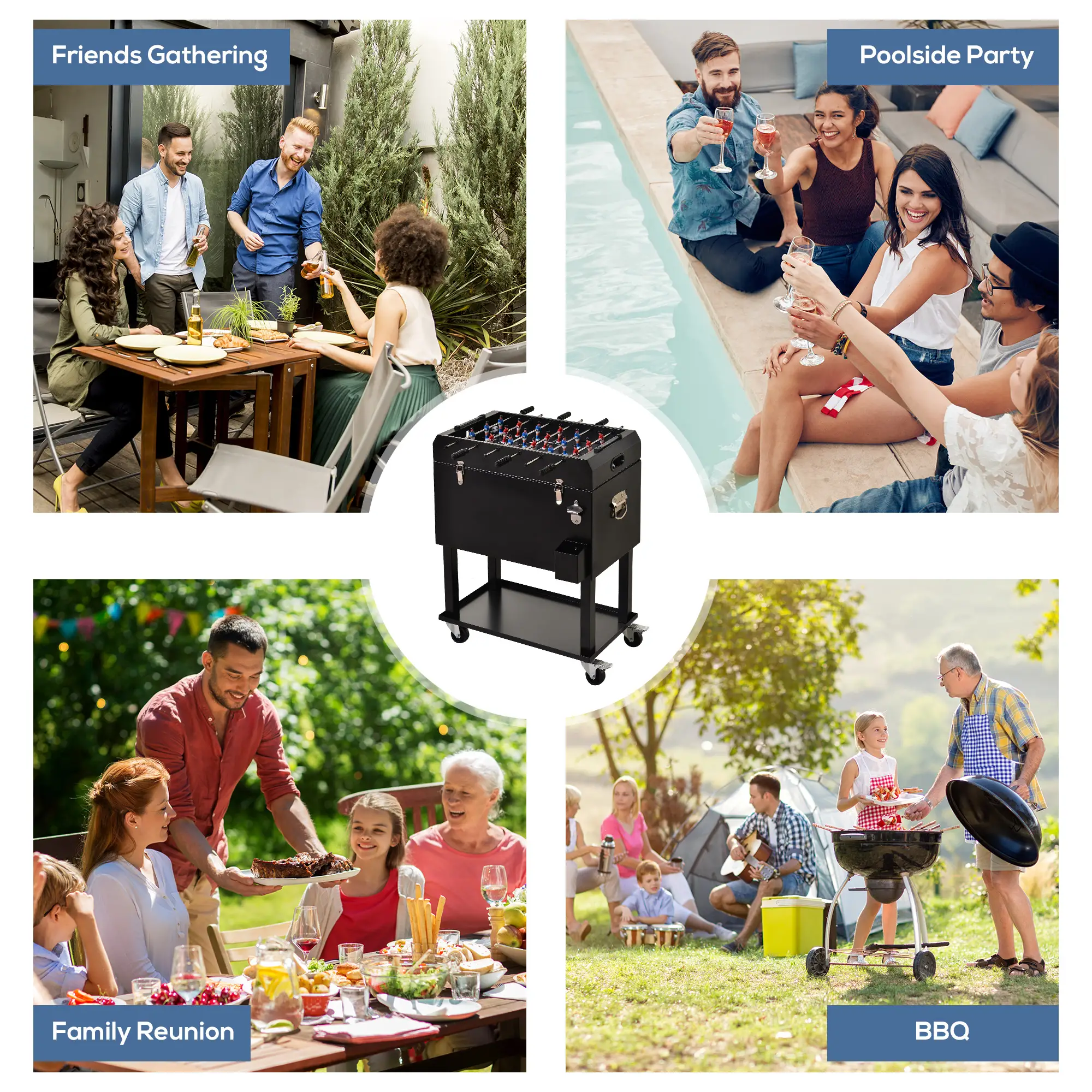 68QT Portable Cooler with Foosball Table Top, Wheels, Tray Shelf, Black - Image 9