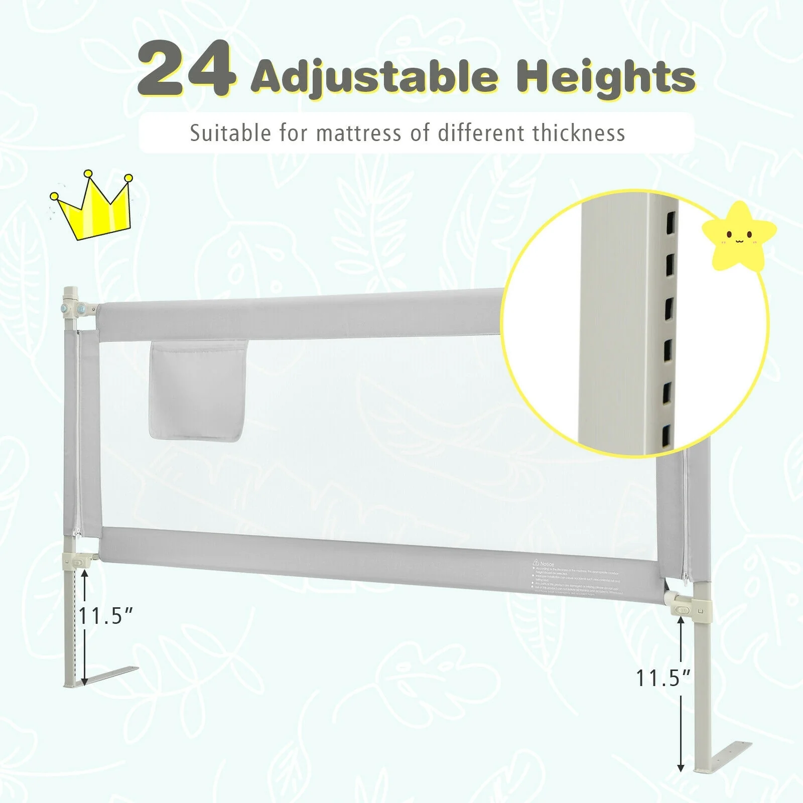69.5 Inches Toddler Bedrail, Anti-Collision Cotton, Side Pocket, Gray - Image 10