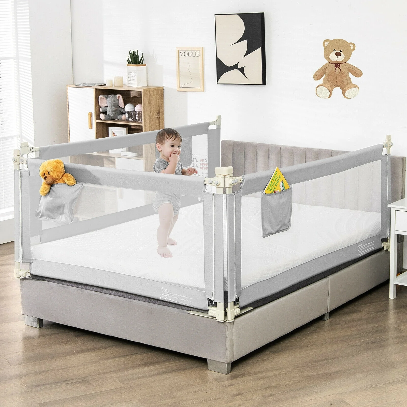 69.5 Inches Toddler Bedrail, Anti-Collision Cotton, Side Pocket, Gray - Image 2